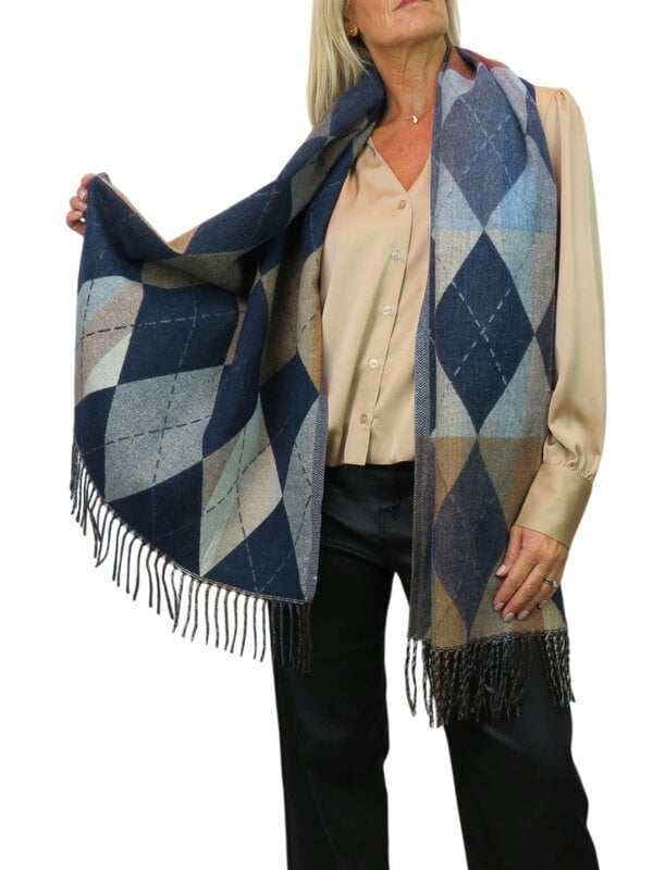 Paulo Due Wool Blend Reversible Argyle Pashmina Scarf - Navy Blue