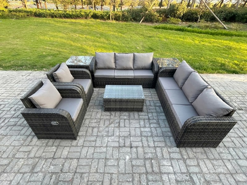 Fimous Rattan Outdoor Garden Furniture Sofa Set Patio Table & Chairs Set with 3 Seater Sofa Reclining Chair 2 Side Tables Dark Grey Mixed