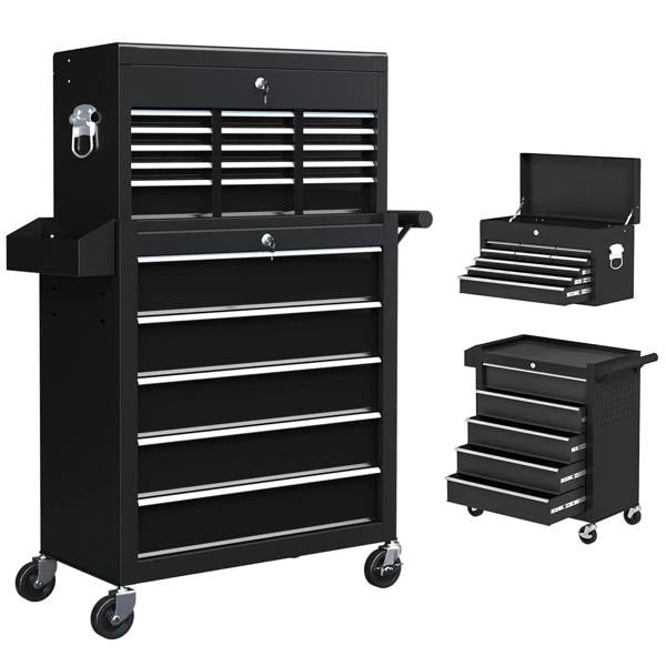 Black 14-drawer two-part tool storage chest on rolling casters with side handle