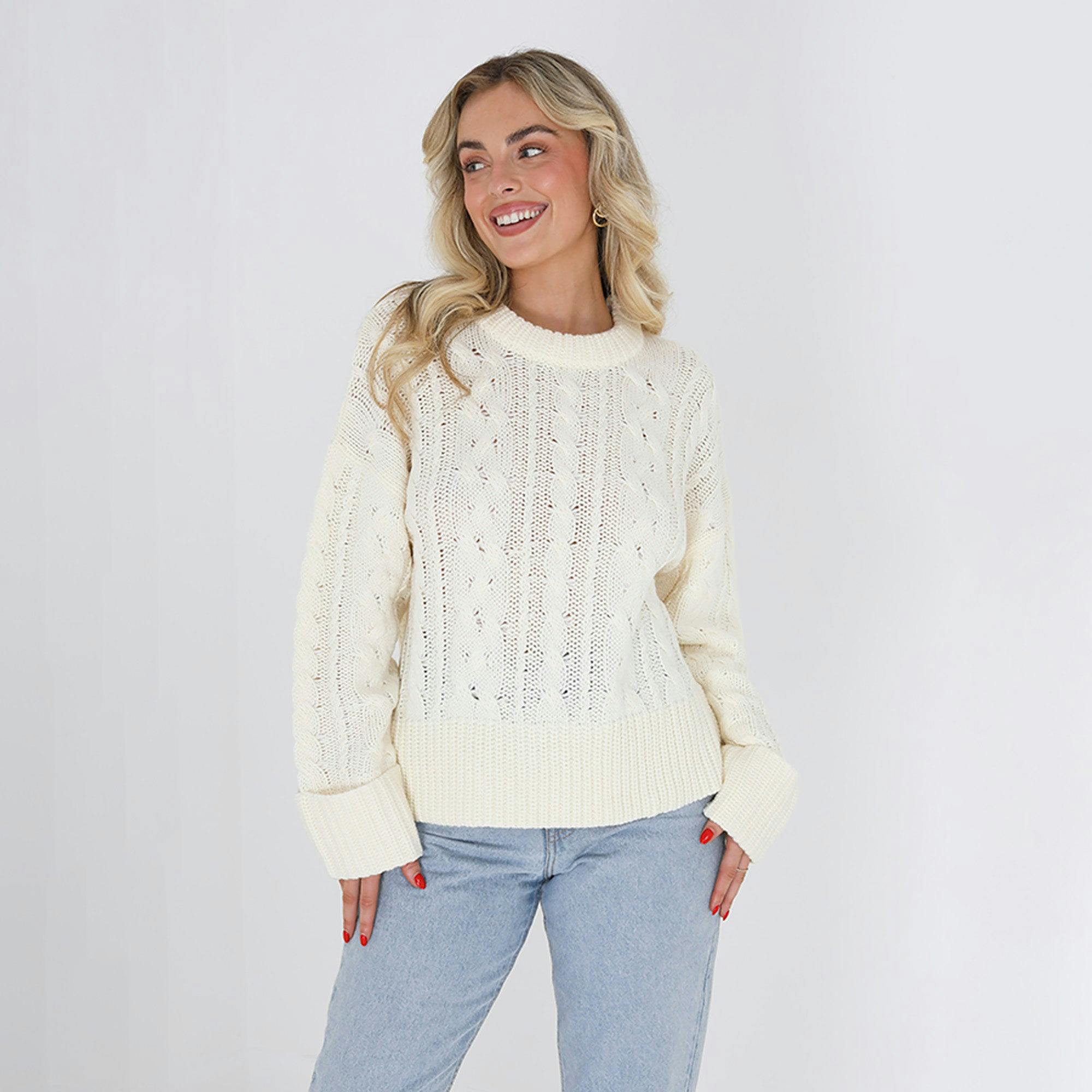 Brave Soul Ivory Crew Neck Cable Knit Jumper - Xs