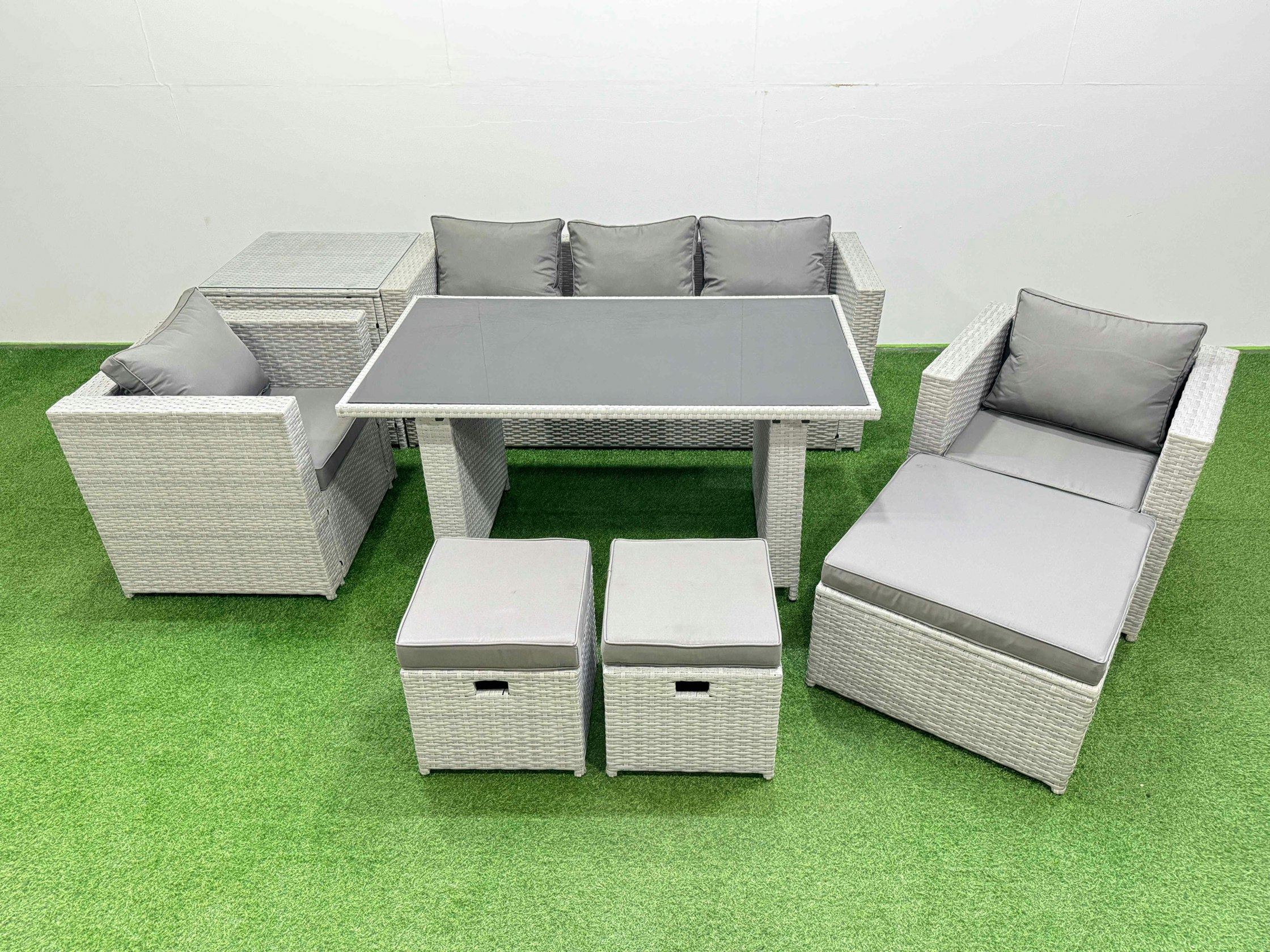Fimous Black/Light/Grey Patio Garden Furniture Sets With Glass Top Dining Table Armchair 3 Seater Sofa Side Table 3 Stool