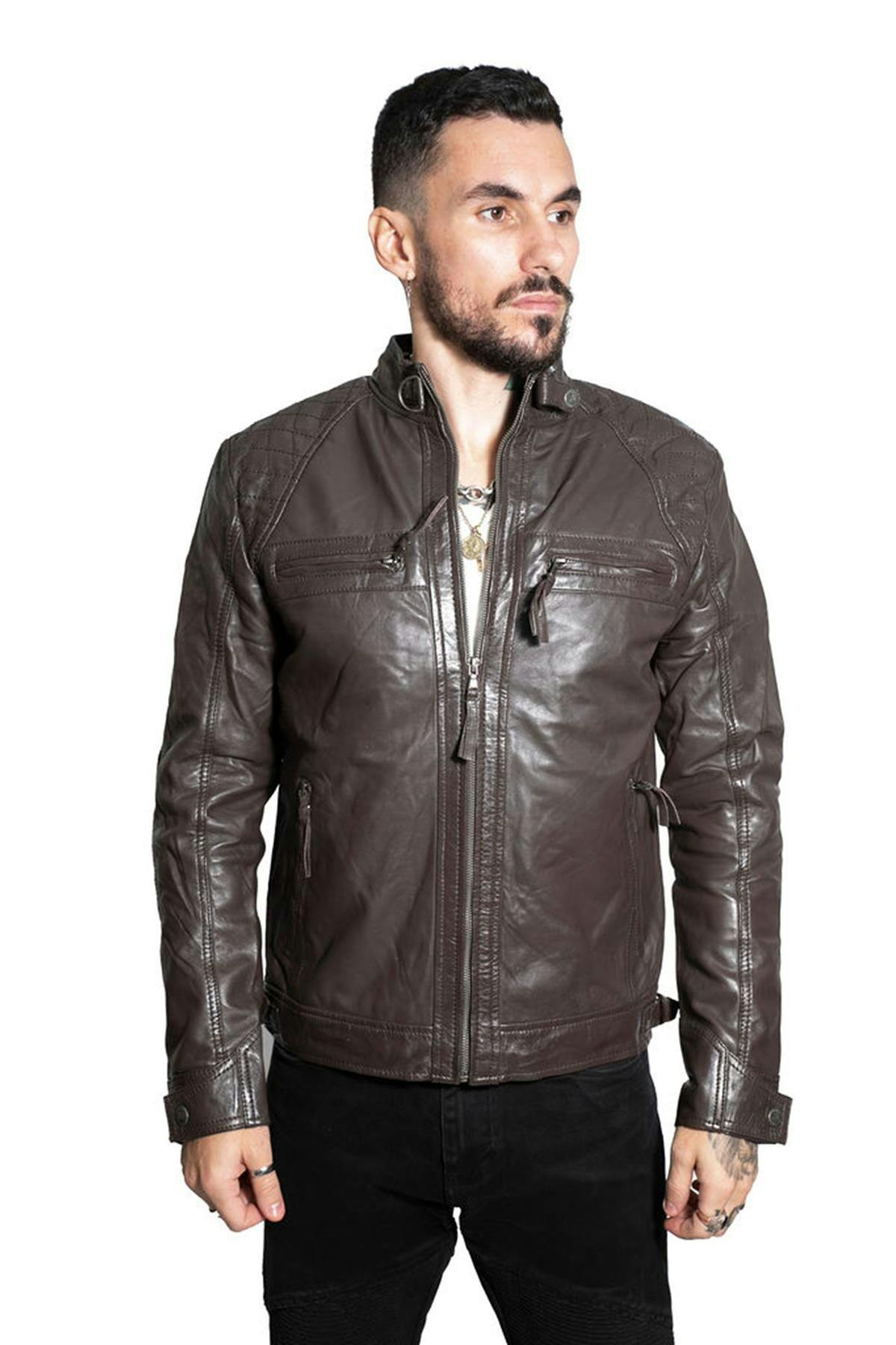 Infinity Leather Men's Brown Vintage Leather Quilted Biker Jacket-Monaco - Uk 3XL | Eu 56 | Us 46