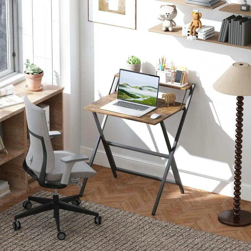 Rackhams Brown 70 Cm Folding Computer Desk For Small Spaces Bedroom Natural - Rustic - 70W X 62D X 86.5H Cm - Image 5