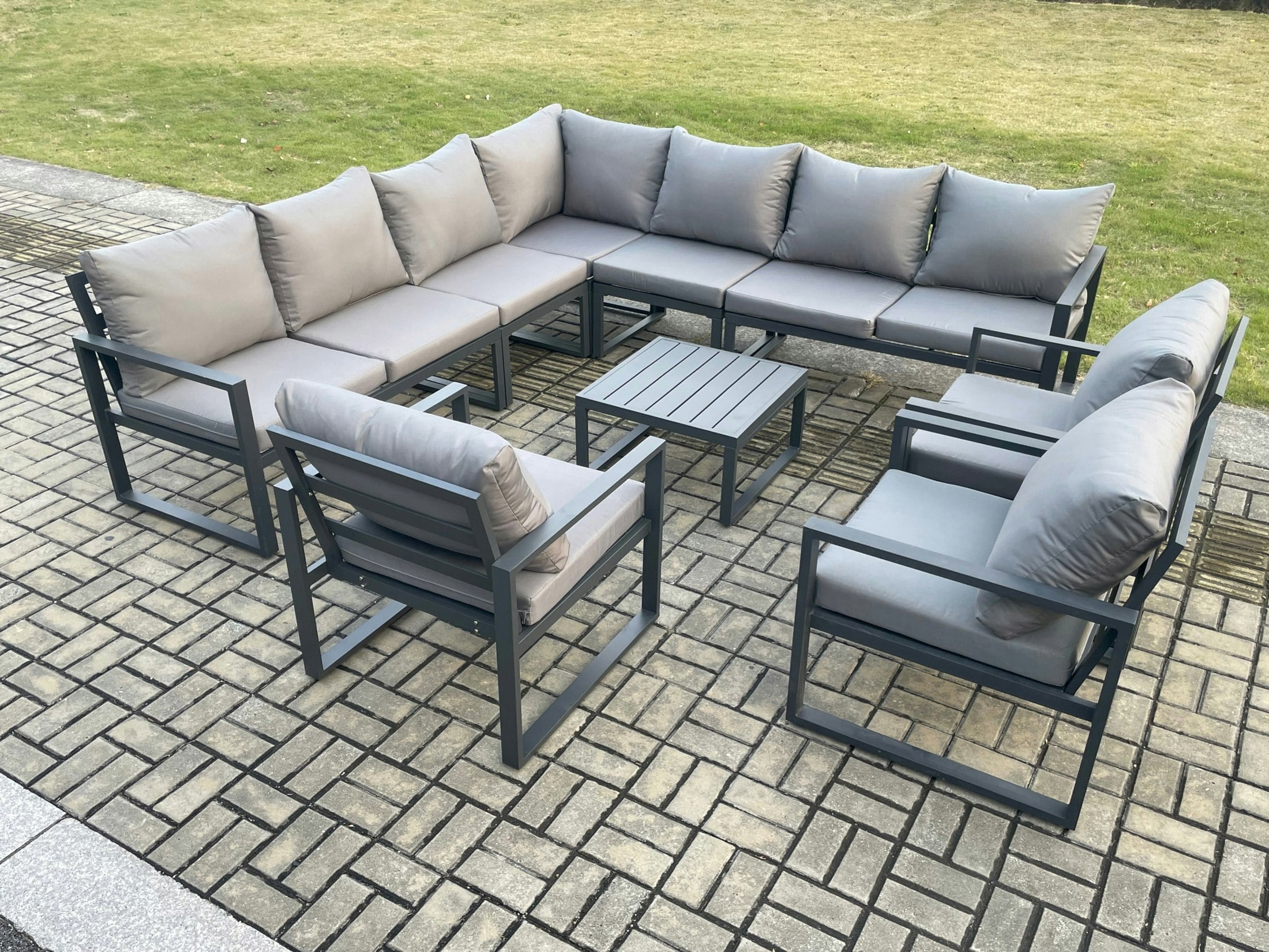 Rackhams Dark/Grey Outdoor Garden Furniture Patio Lounge Corner Sofa Aluminium Set With Square Coffee Table 3 Pcs Arm Chairs