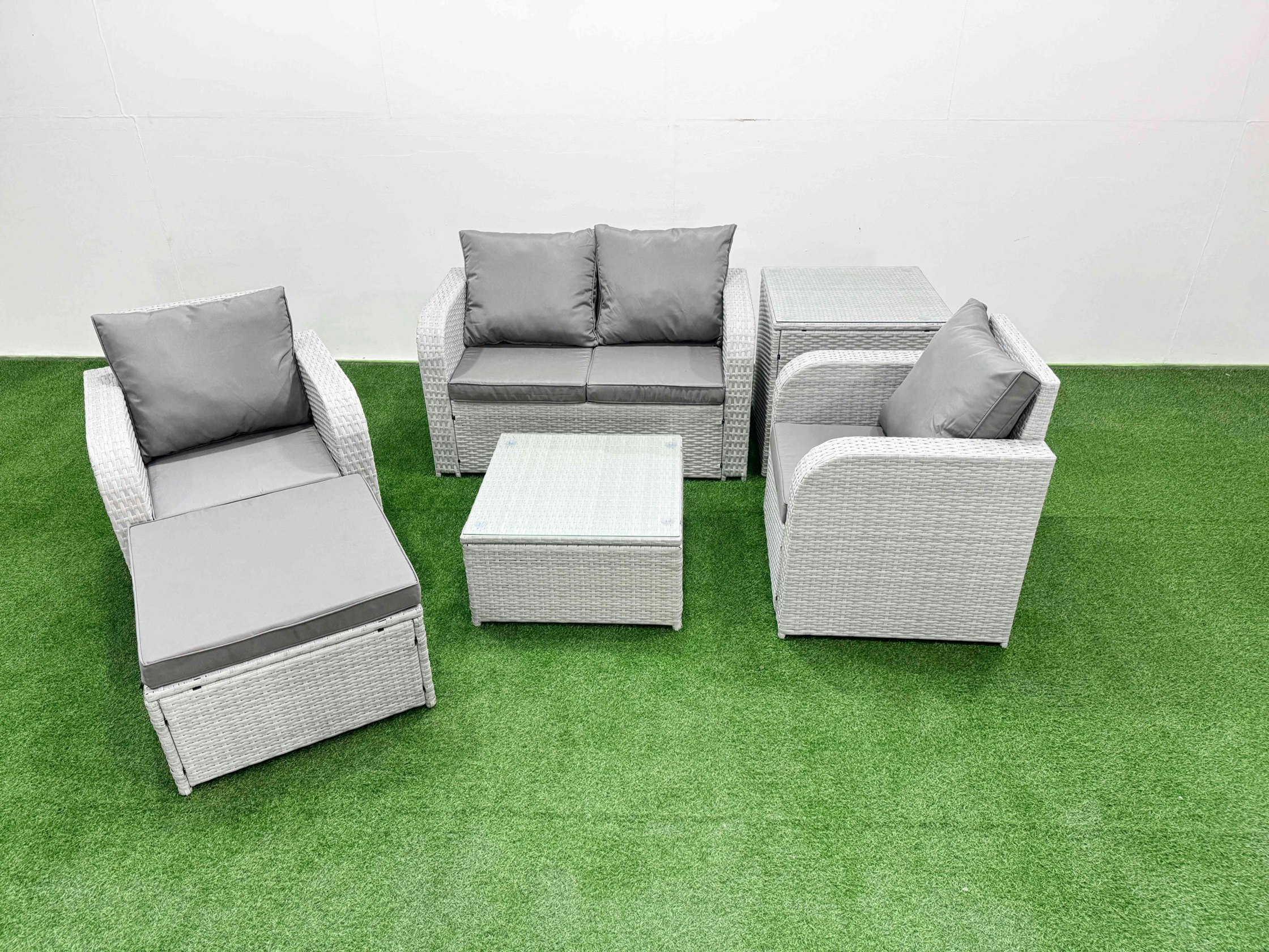 Fimous Light/Grey Pe Wicker Rattan Garden Furniture Set Sofa Set Reclining Adjustable Chair Square Coffee Table 5 Seater With Footstool Side Table