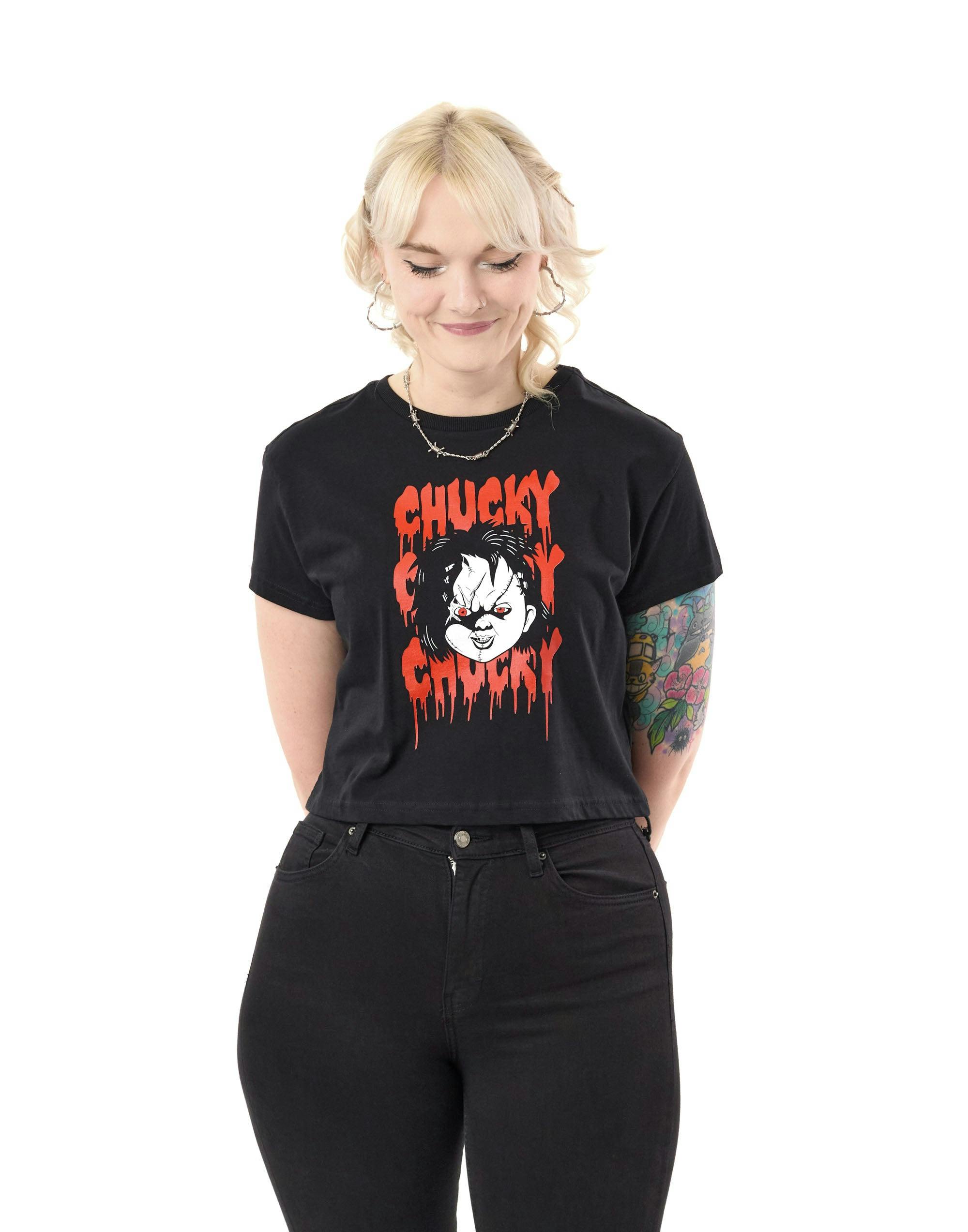 Vanilla Underground Women's Black Chucky Chucky Chucky Chucky Crop Cropped Short Sleeved T-Shirt - Medium