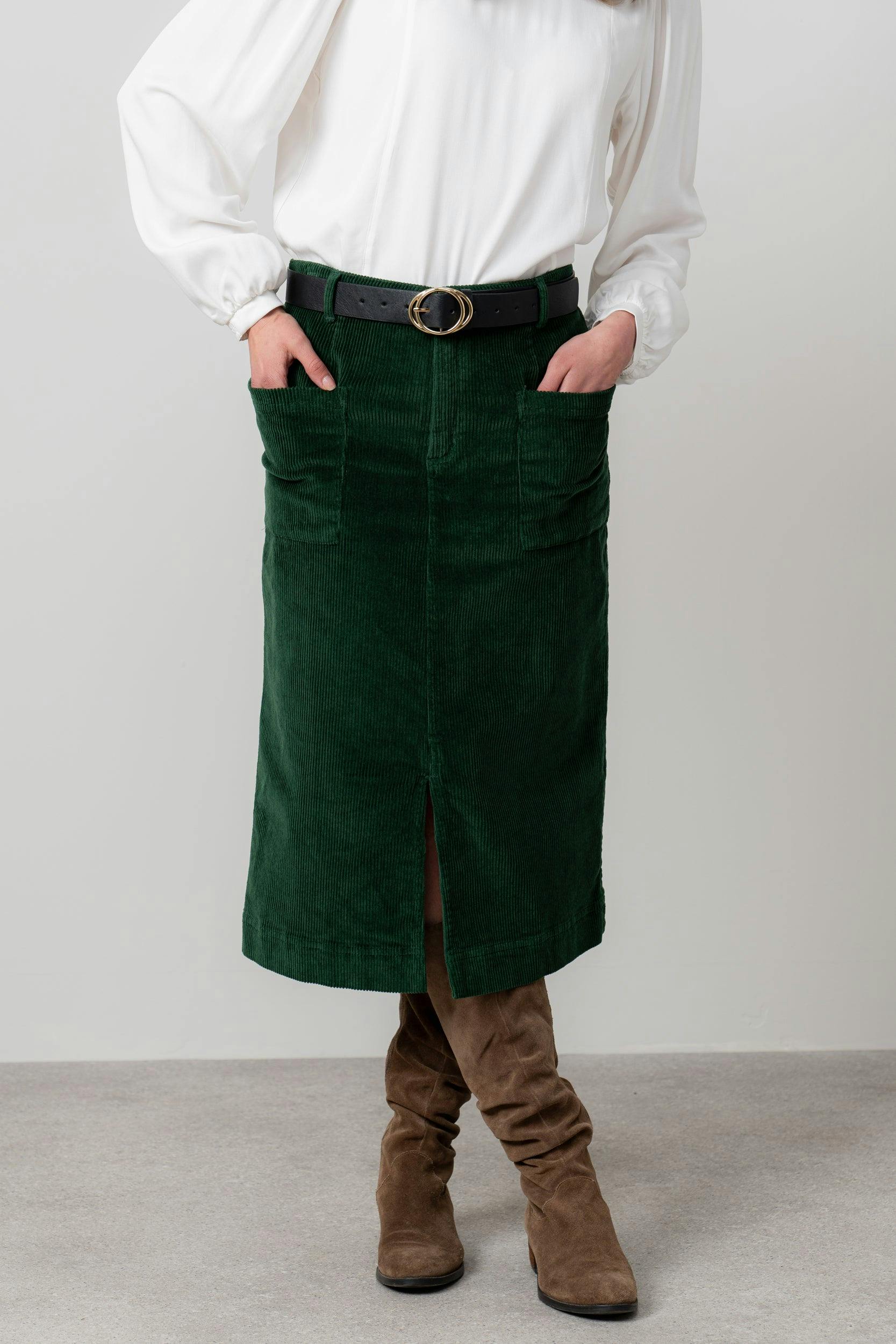 Lily & Me Green Penrose Stretch Jumbo Cord Midi Skirt Pine - 08 - Pine