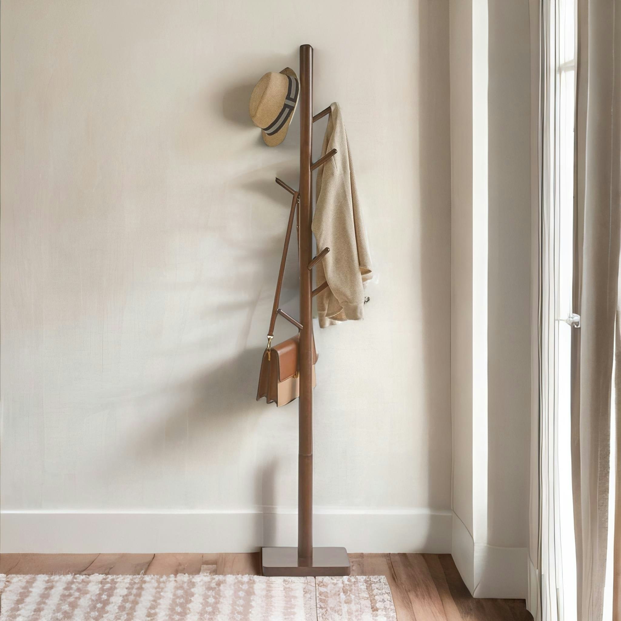 Rackhams Brown Wooden Square Base Coat Stand With 8 Hooks