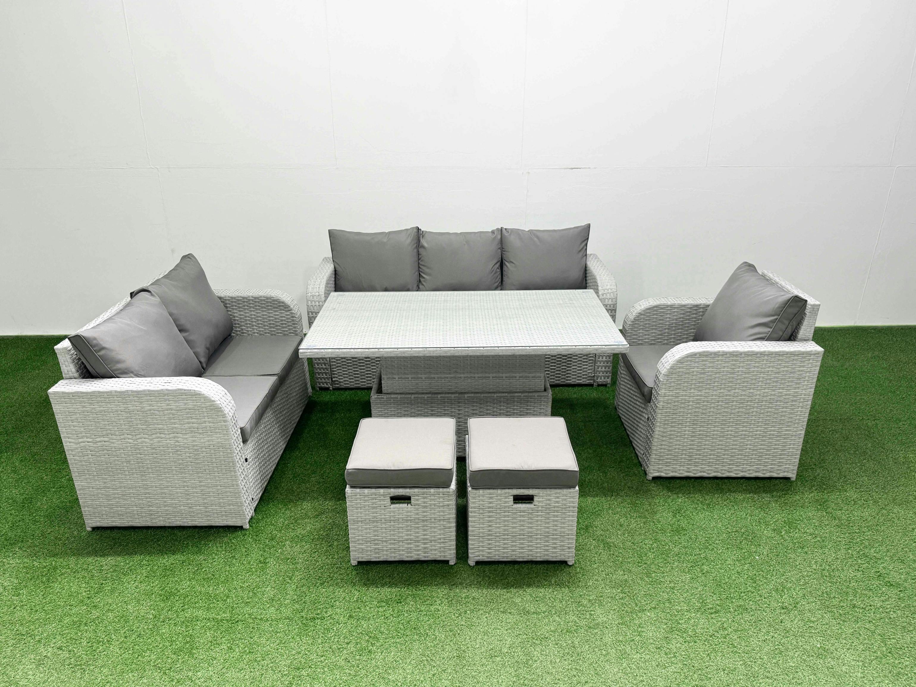 Rackhams Light/Grey 8 Seater Pe Rattan Outdoor Set, Adj Height Table, Reclining Chair, Loveseat, 3 Seater Sofa And Stool,