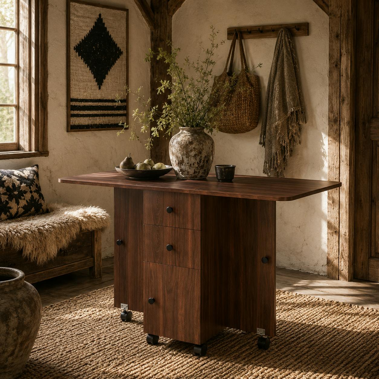 Rackhams Brown Difive Wooden Distressed Drop Leaf Dining Table With Storage Seating 6