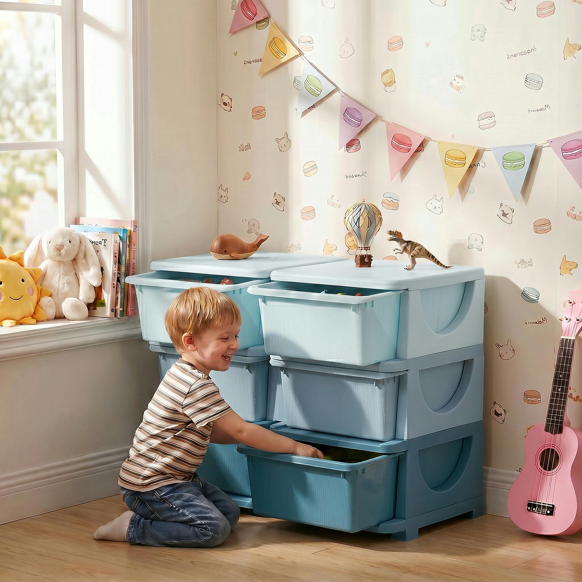Rackhams Blue Kids Storage Unit Toy Box Vertical Dresser With Six Drawers