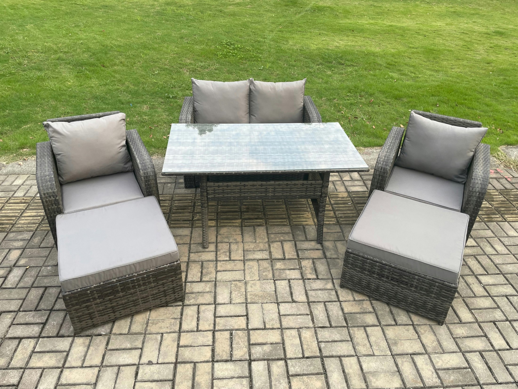 Fimous Dark/Grey Patio Rattan Garden Furniture Set With Oblong Rectangular Dining Table 2 Big Footstool 6 Seater Outdoor Lounge Sofa Set Mixed
