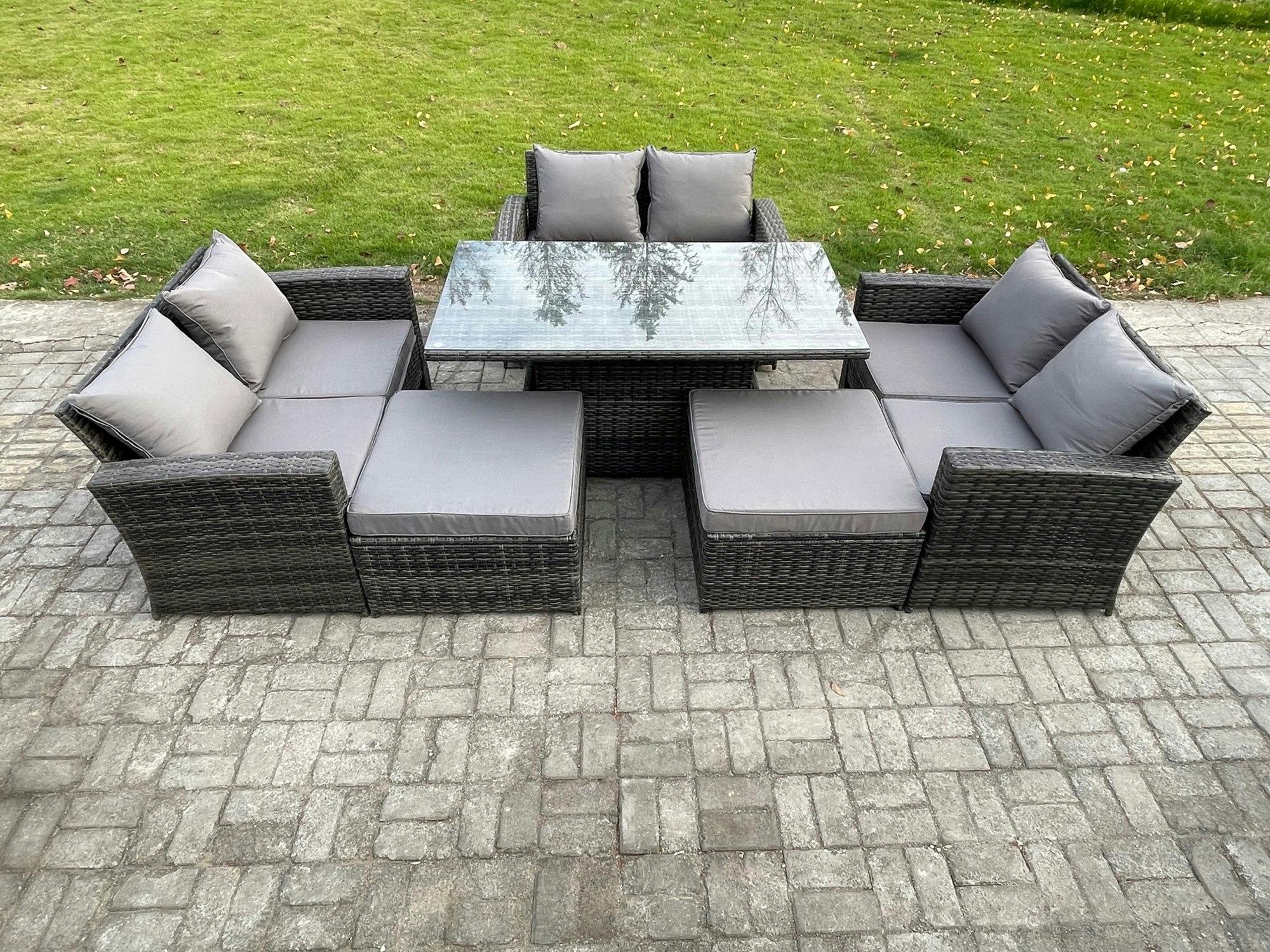 Rackhams Dark/Grey 8 Seater Wicker Rattan Garden Furniture Rising Table Set With 2 Big Footstool Double Seat Sofa Mixed