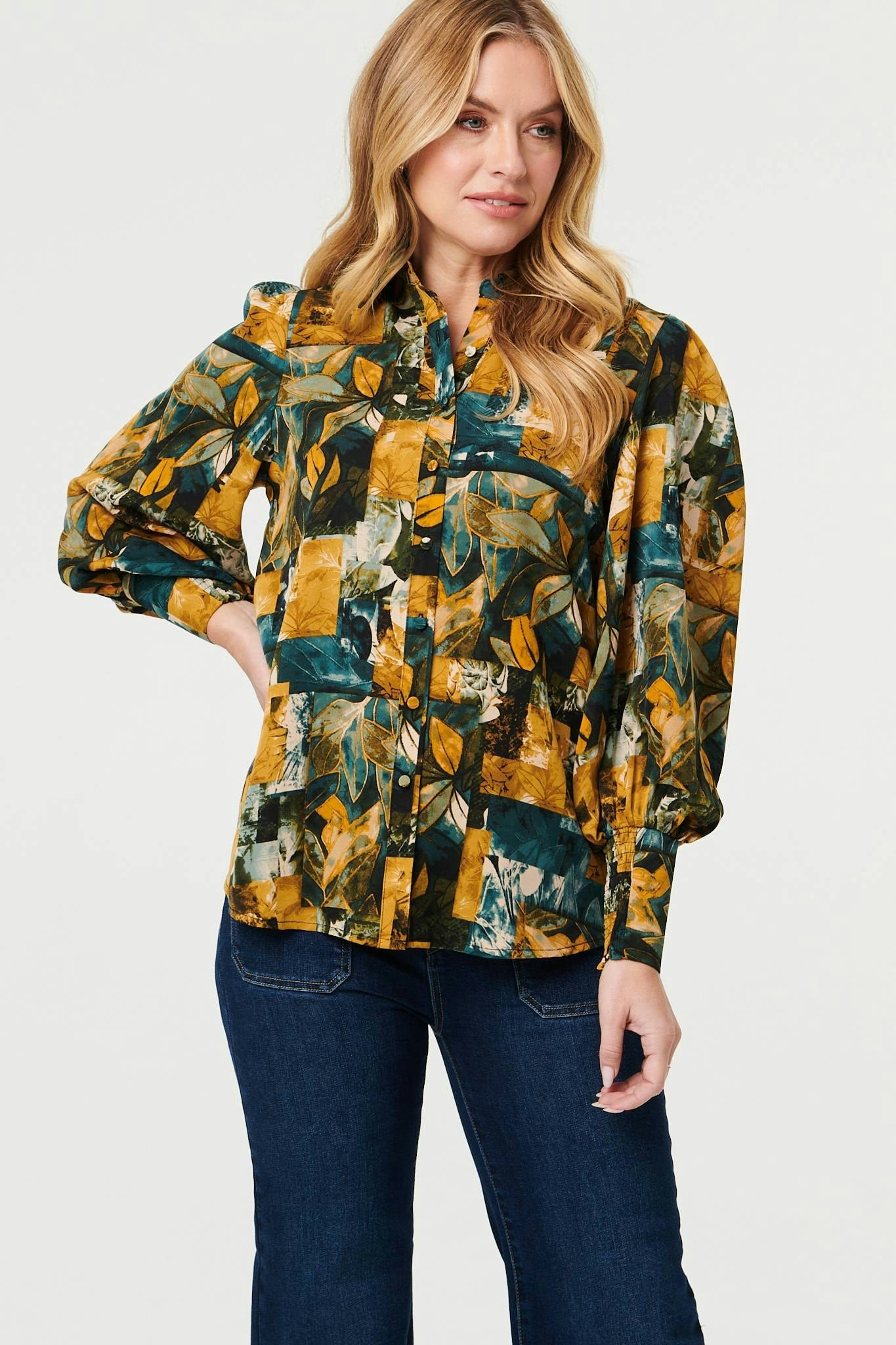 Izabel London Leaf Print Puff Sleeve Relaxed Shirt - 8 - Teal