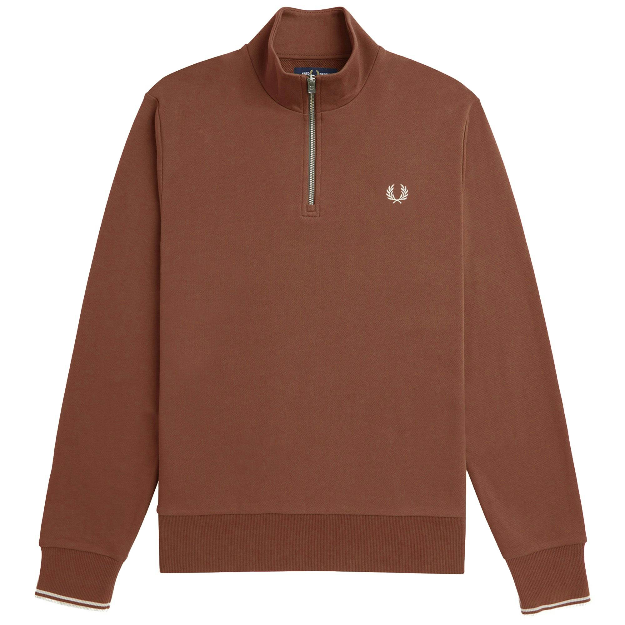 Fred Perry Brown Half Zip Sweat - Whisky /Porridge Marl - X-Large