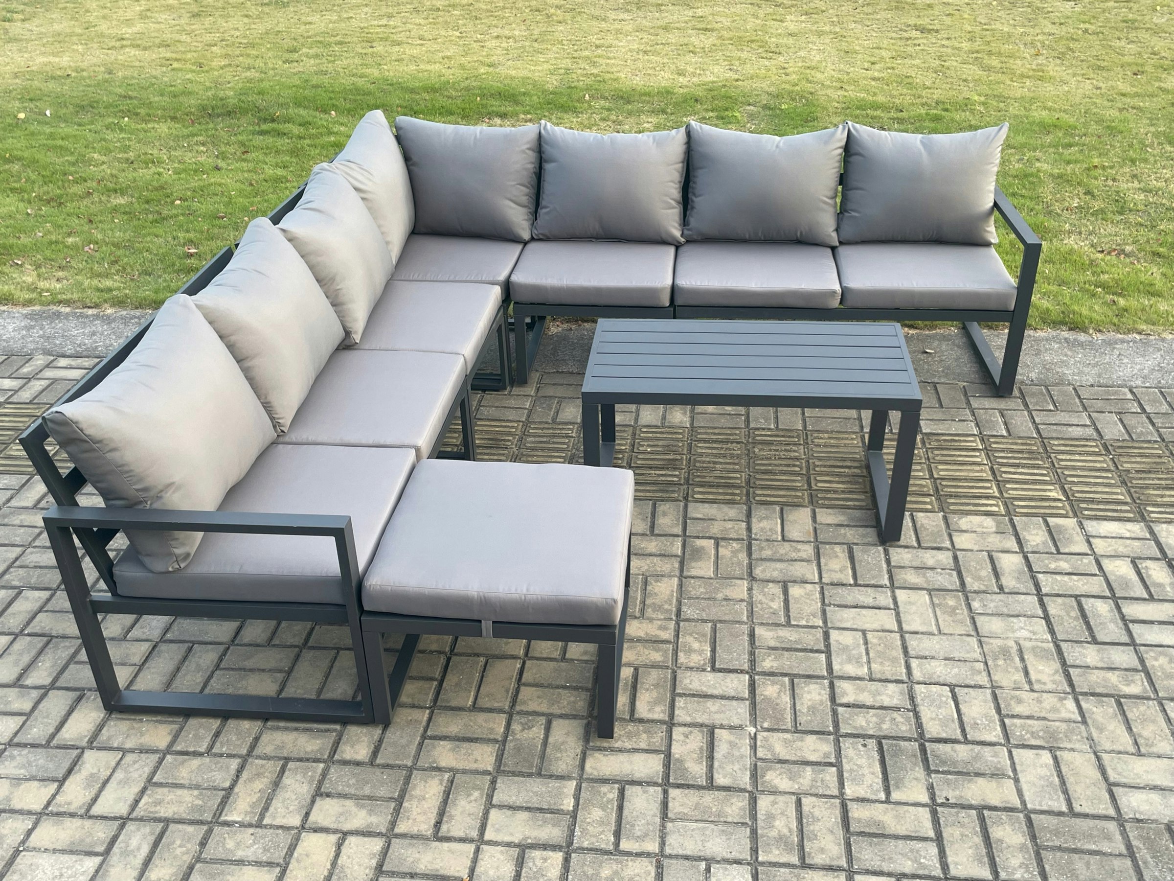 Fimous Dark/Grey Aluminium Patio Outdoor Garden Furniture Lounge Corner Sofa Set With Oblong Coffee Table Big Footstool