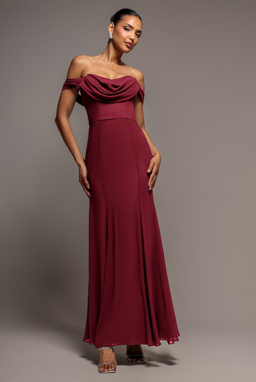 Goddiva Black Chiffon Bardot Cowl Neck Maxi Dress - Wine By - Wine - 12