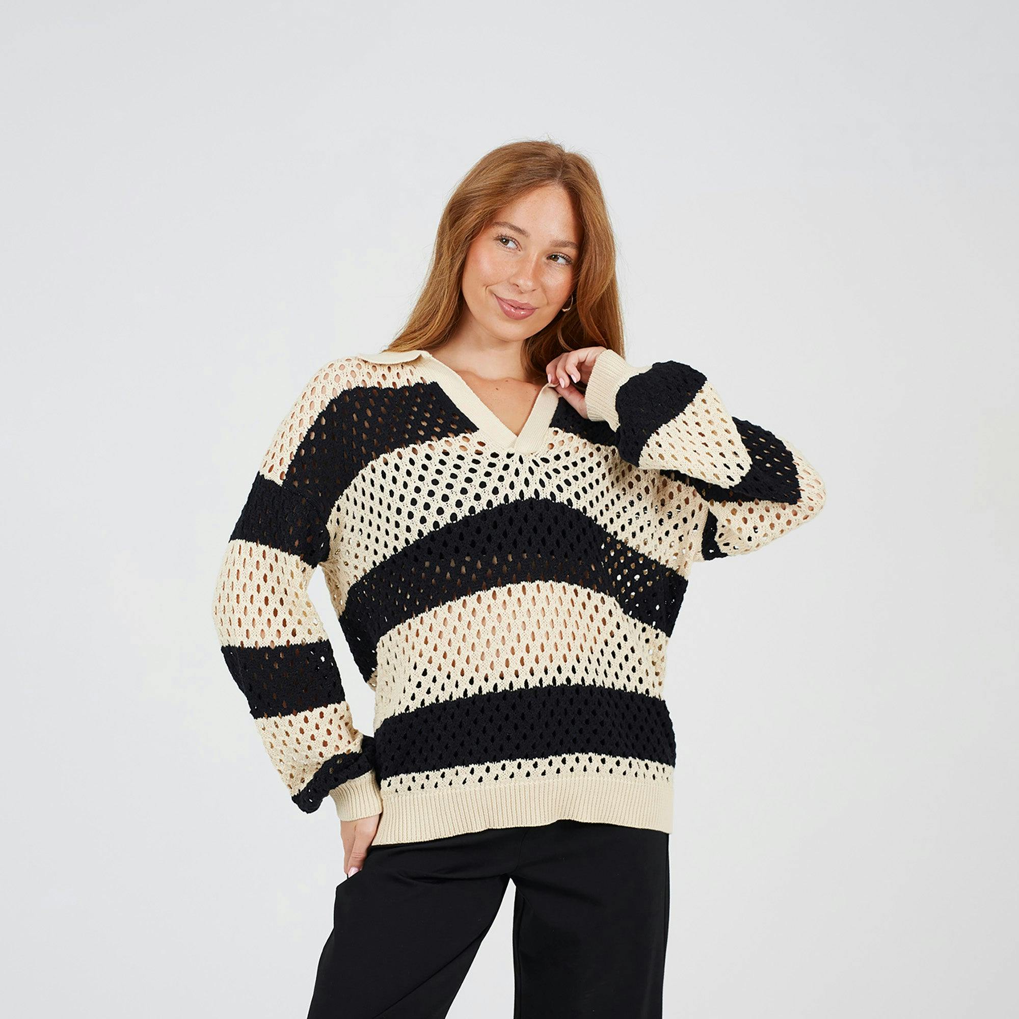 Brave Soul Lightweight Stripe Open Knit Jumper - Stone - Stone - Xs