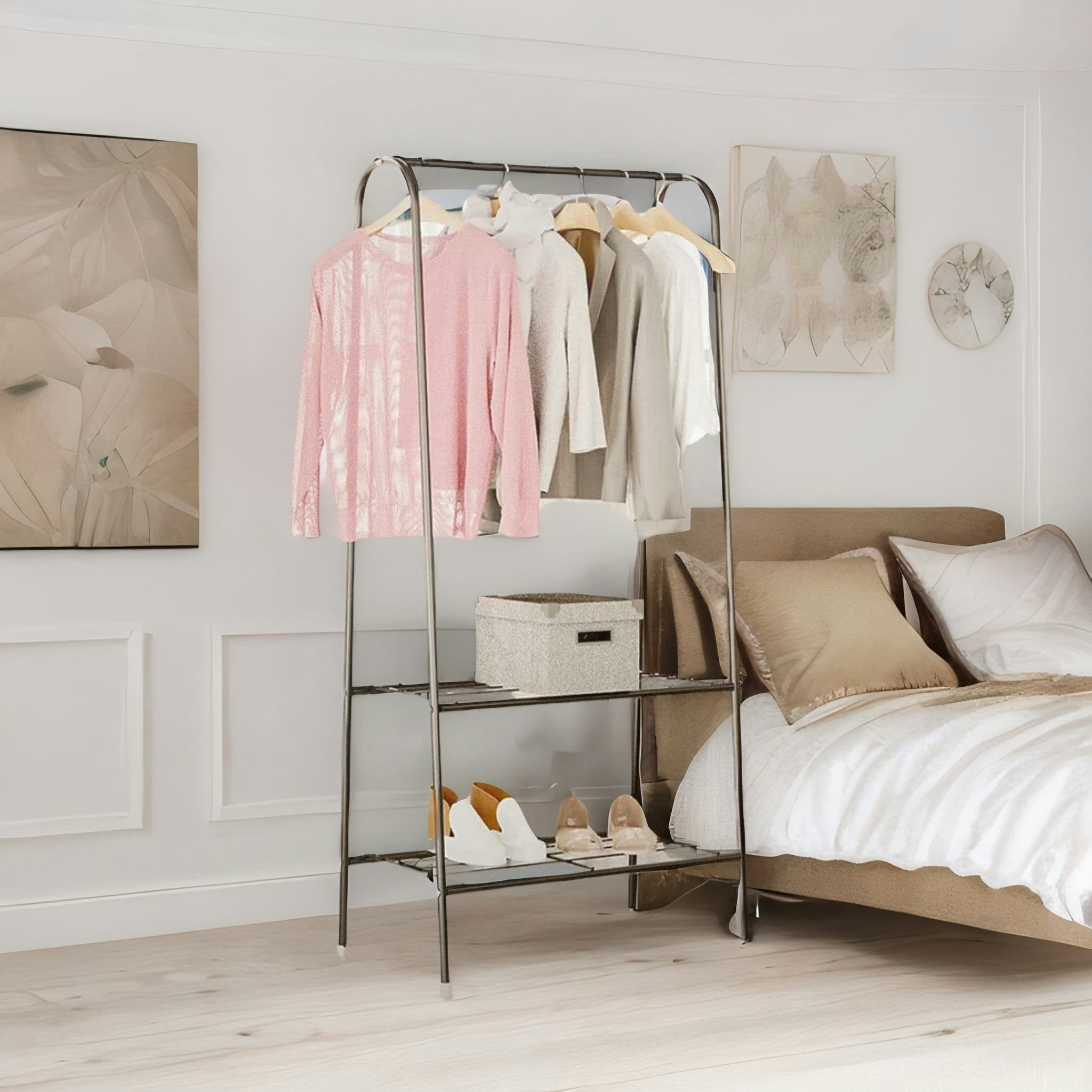 Rafaelo Mobilia Black Heavy Duty Metal Clothes Rail Open Wardrobe With 2 Shelves