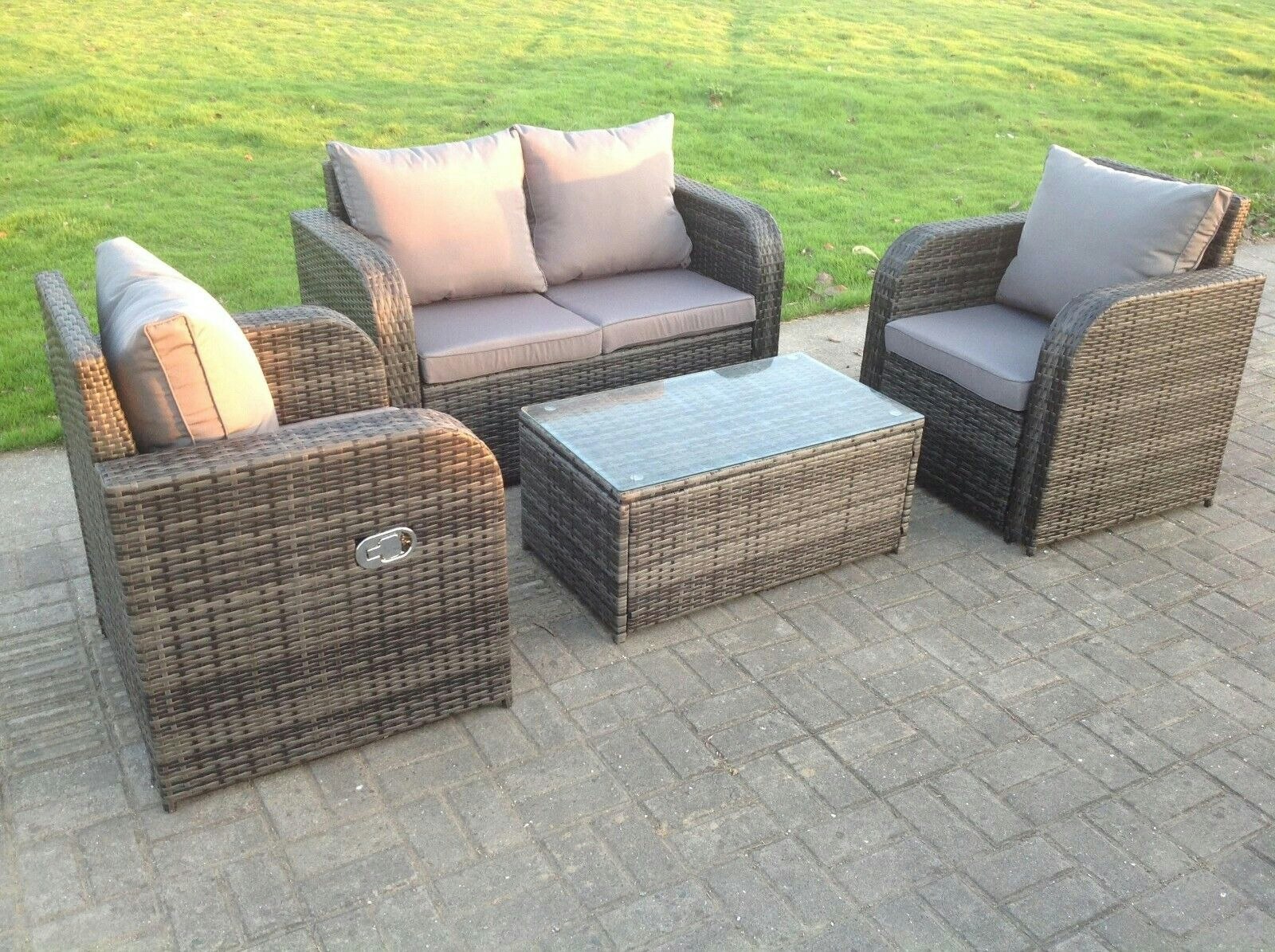 Rackhams Dark Grey Mix PE Wicker Rattan Garden Furniture Set Sofa Set Reclining Adjustable Chair 4 Seater