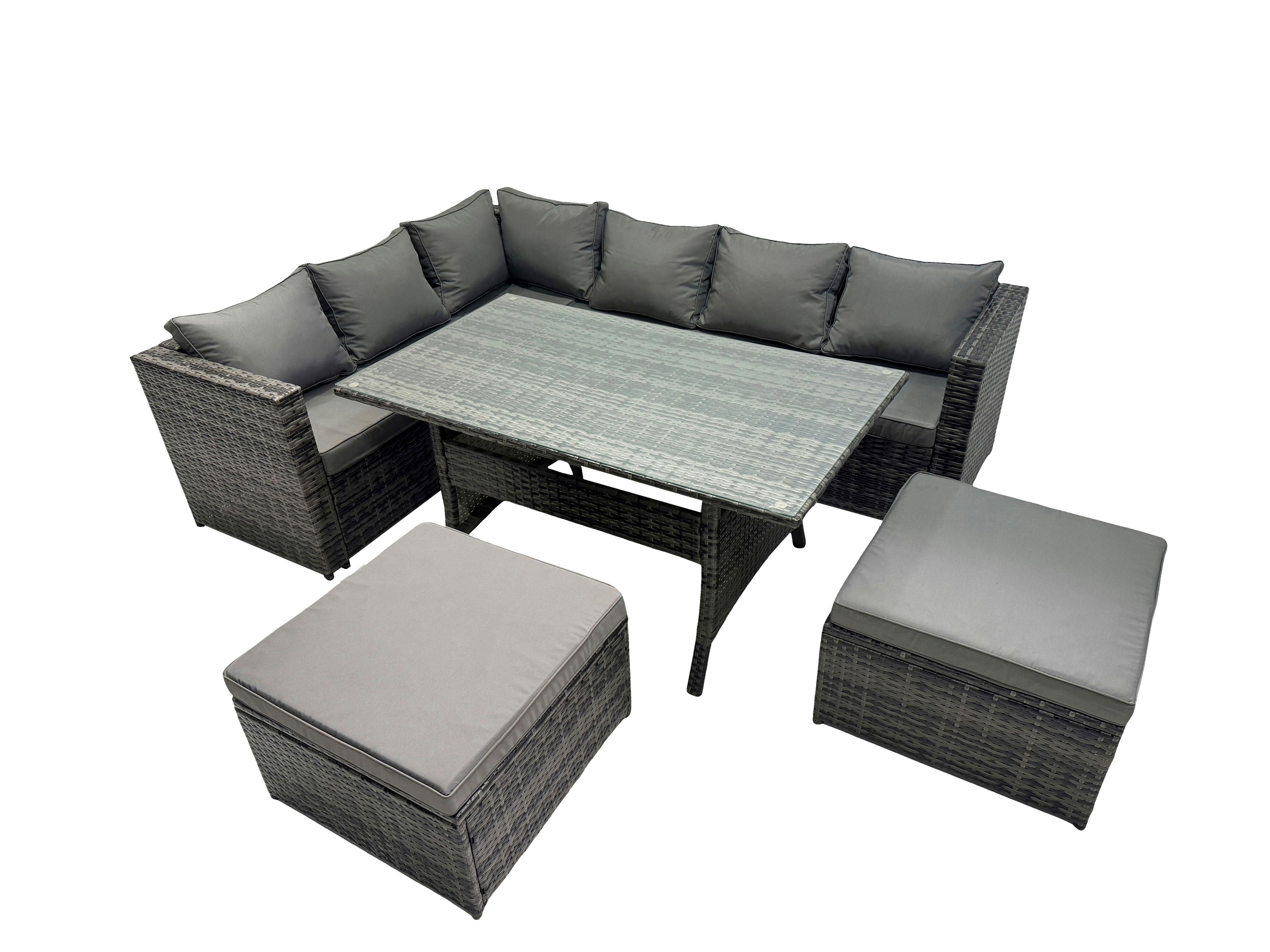 Fimous Dark/Grey Outdoor Pe Rattan Sofa Set With Dining Table Patio Garden Furniture Sets With 2 Big Stools Mixed