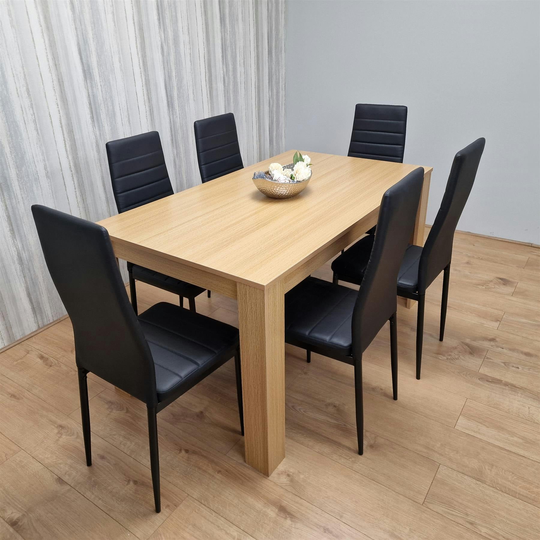 B&Q - Oak Effect Dining Table Set With 6 Black Faux Leather Chairs Dining Room Furniture - Image 2