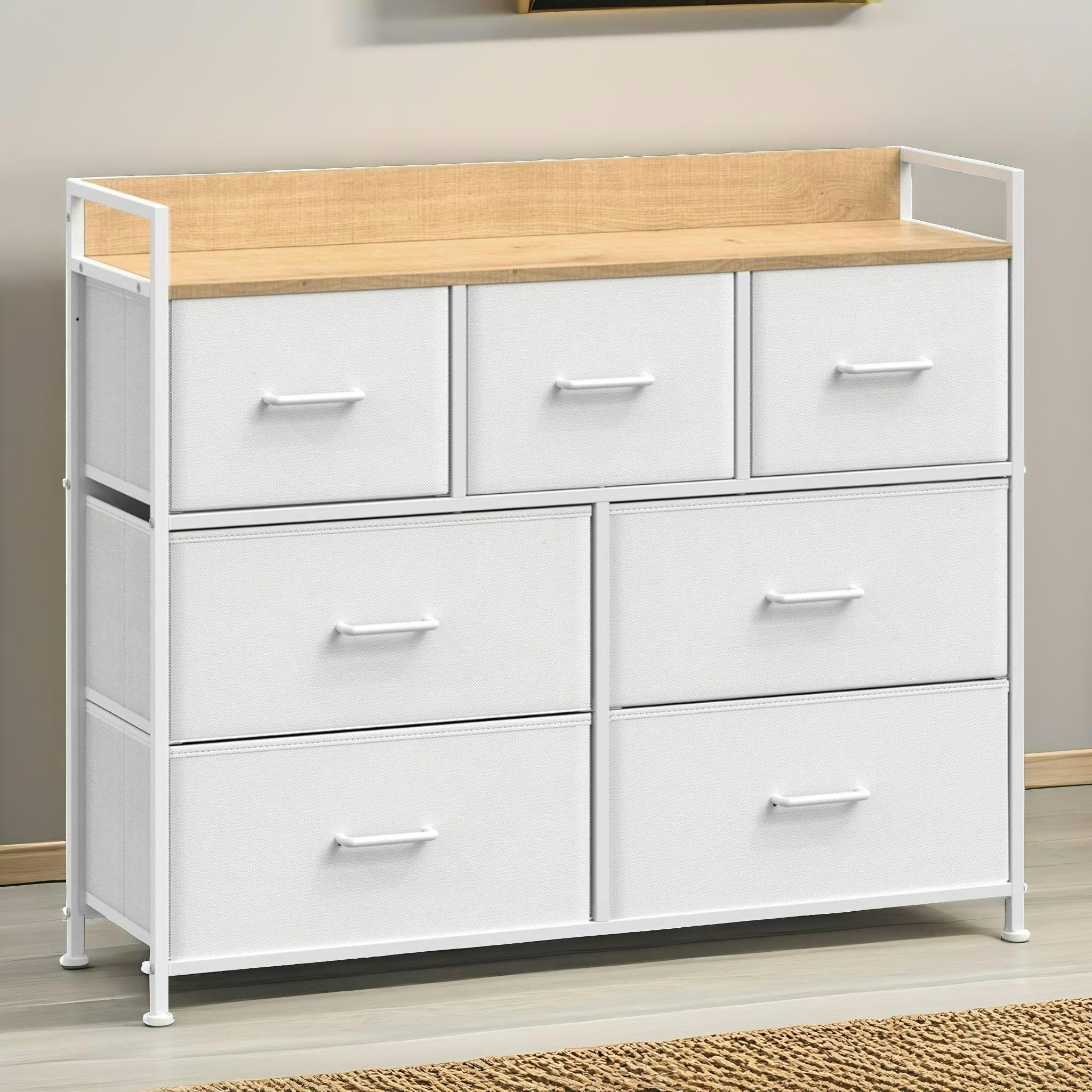 Rafaelo Mobilia White Industrial Bedroom Chest With 7 Fabric Drawers