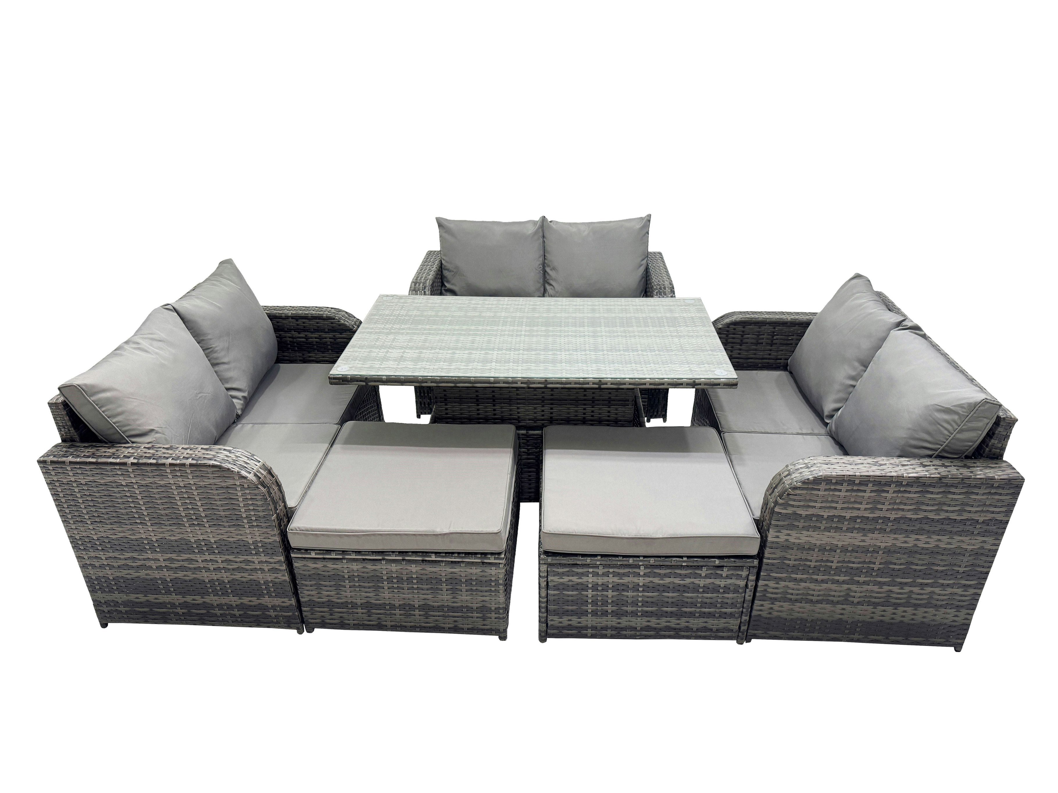 Fimous Dark/Grey 8 Seater Patio Height Adjustable Rising Lifting Table Sofa Sets Rattan Garden Furniture Dining Set With 2 Big Stools Mixed
