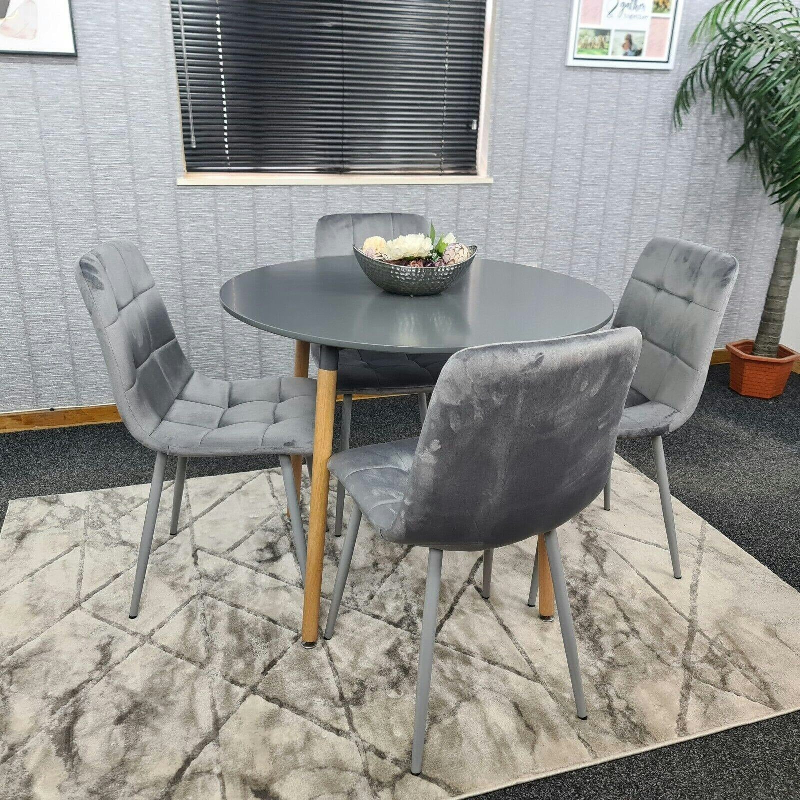 Kosy Koala Unisex Brown Dining Table & 4 Chairs Grey Round Table W/ 4 Grey Velvet Chairs Dining Room Furniture In - Image 6