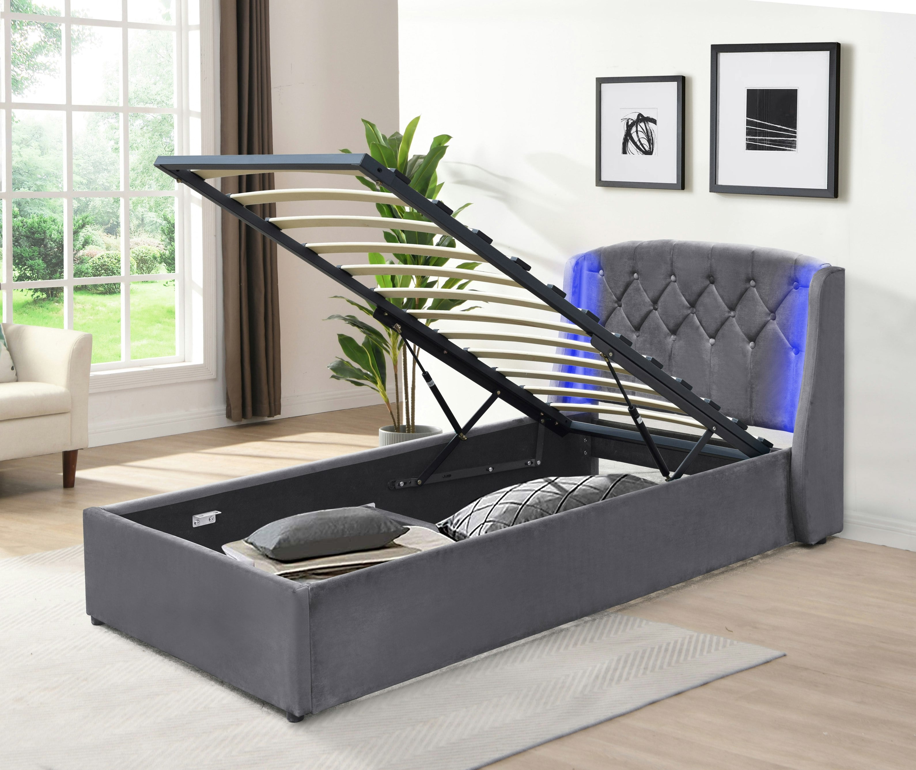 Comfy Living Grey/Green Fabric Gas Lift Bedframe Led Headboard 3Ft 4Ft6 5Ft Bedroom Furniture - Single