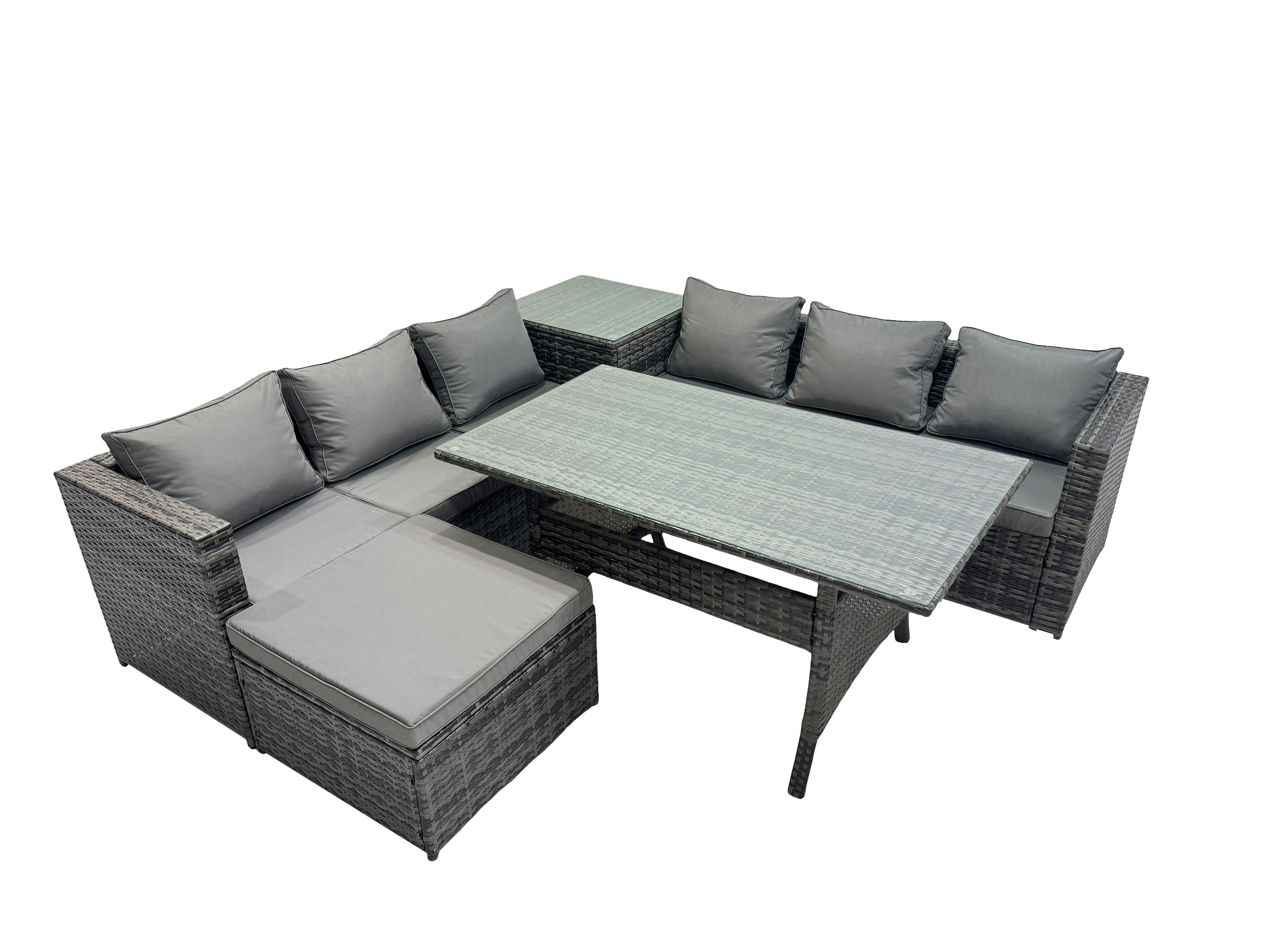 Fimous Dark/Grey 7 Seater Outdoor Corner Sofa Dining Table Set Garden Rattan Furniture Set With Side Table Big Stool