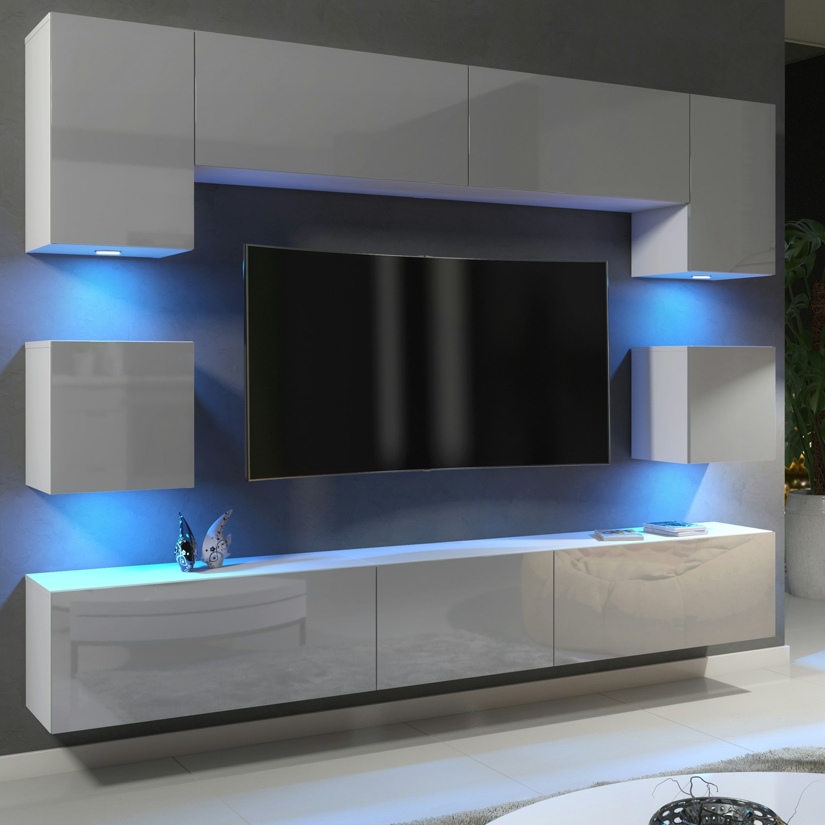 Rackhams White/Grey Modern Wall Tv Unit 9 Elements – Matt Body And Gloss Doors – Free Rgb Led - 242 Cm - Mdf/Chipboard