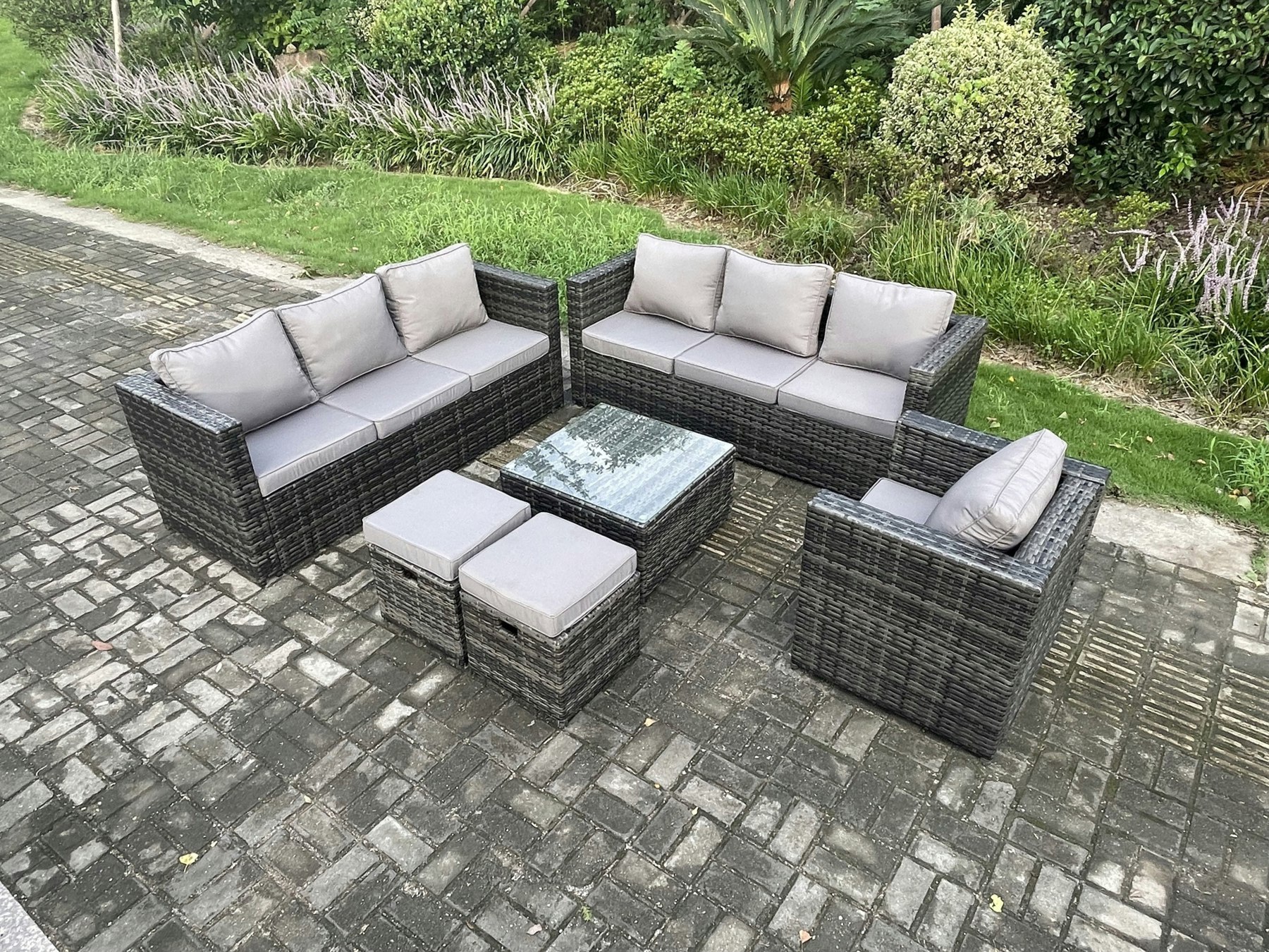 Fimous Dark/Grey 9-Seater Rattan Garden Sofa Set - Mixed Outdoor Lounge Set With Armchair, Square Coffee Table & 2 Small Footstools
