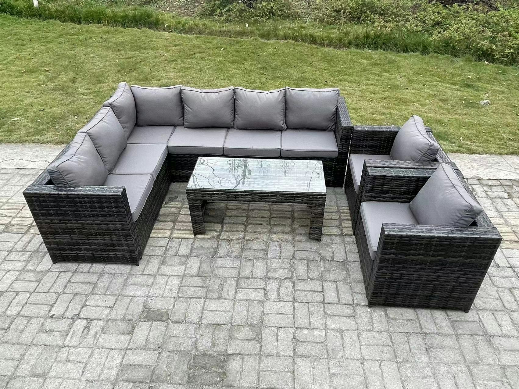 Fimous Dark/Grey 8 Seater Rattan Corner Sofa Lounge Sofa Set With Rectangular Coffee Table 2 Arm Chair Mixed Left Hand