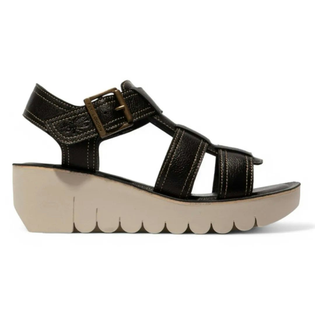 Fly London Women's Black Yudd236fly - Wedge Heel Leather Sandals - Uk 5