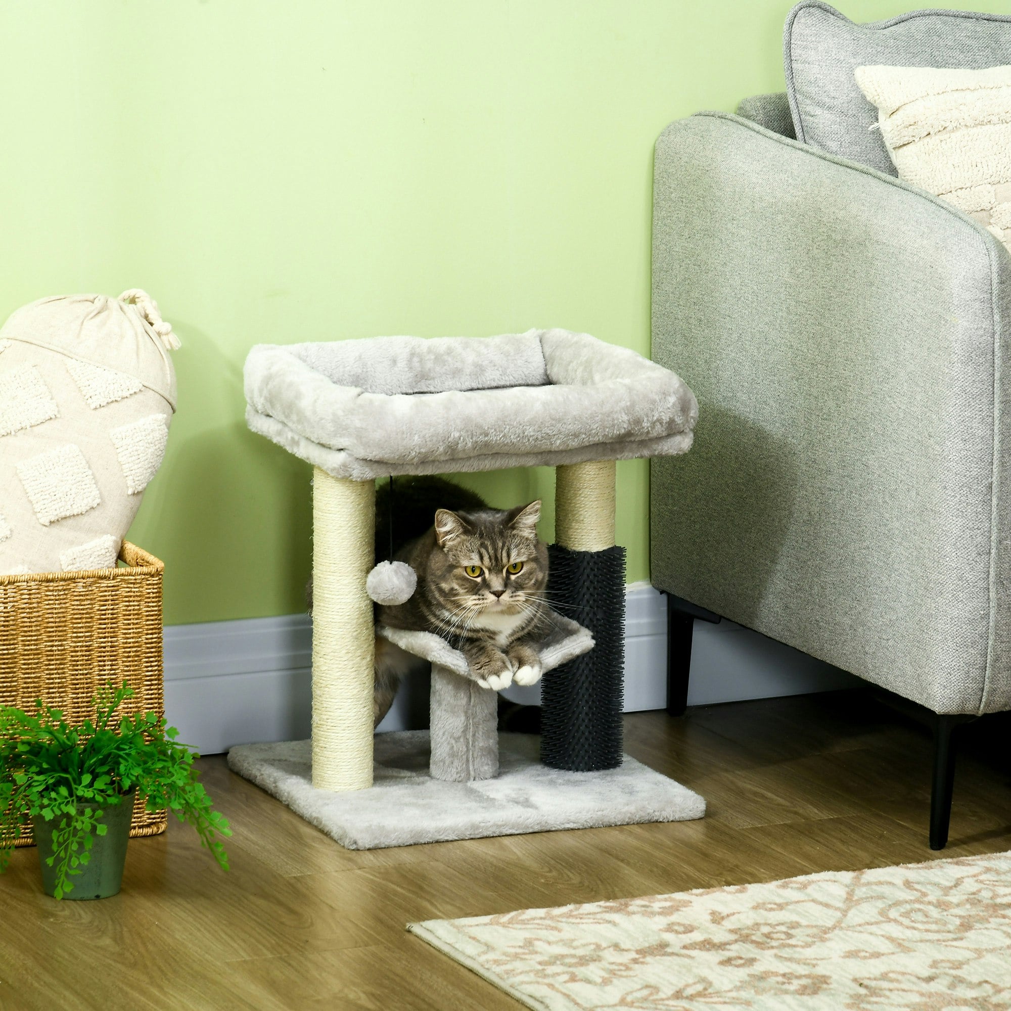 Pawhut Small Cat Tree Tower W/ Scratching Posts, Bed, Perch, Self Groomer, Toy