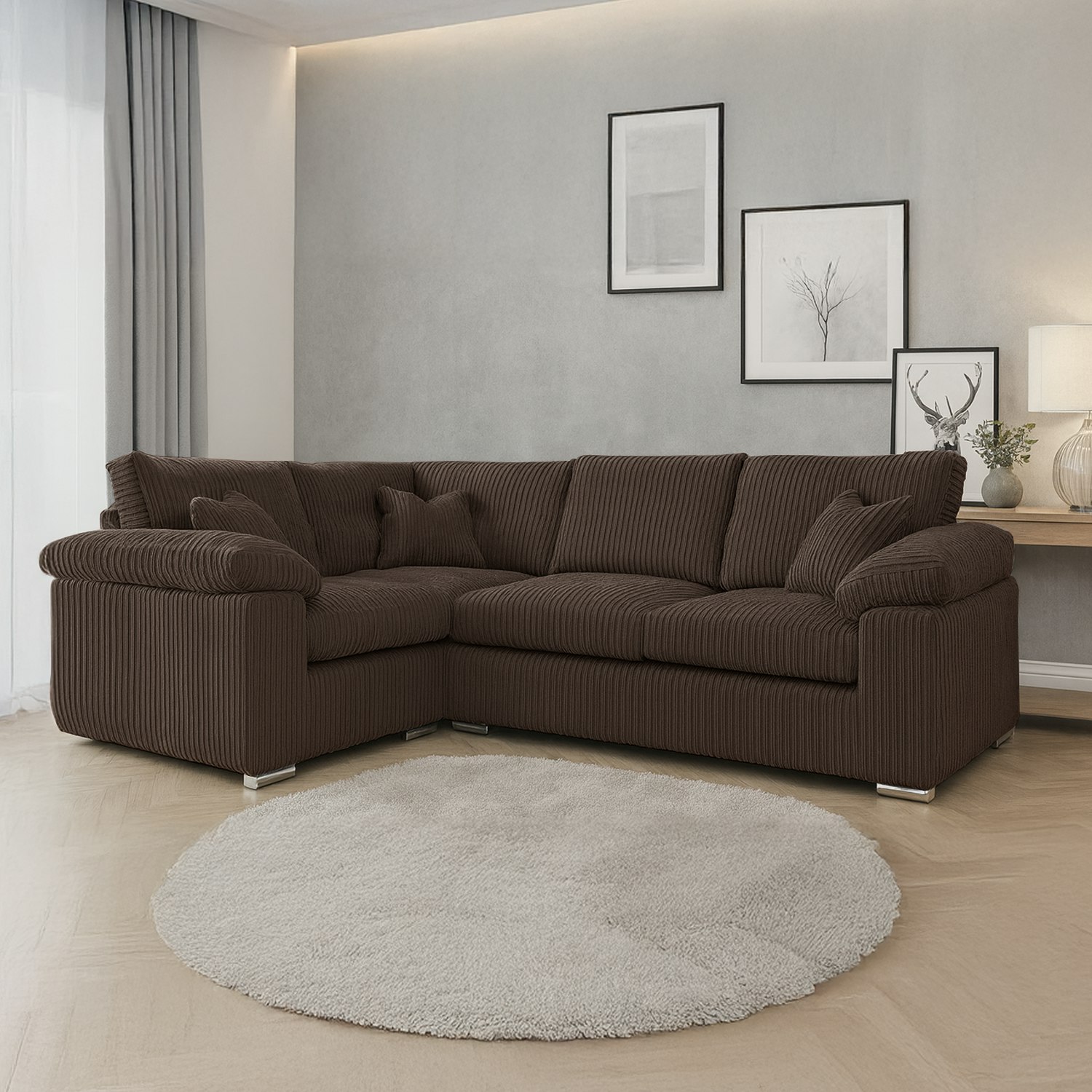 Rackhams Black Delta Full Jumbo Cord 4 Seater Corner Sofa - Chocolate - Left Hand Facing