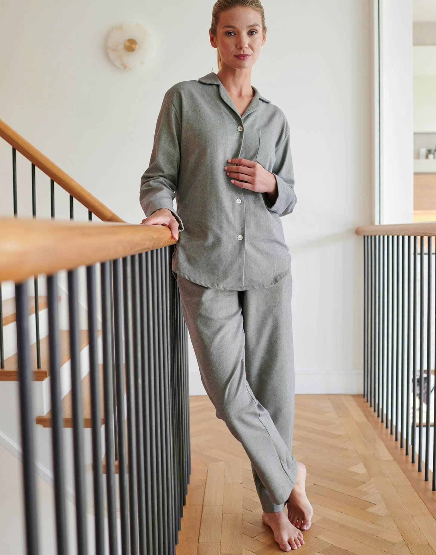 British Boxers Women's Grey/Green Brushed Cotton Pyjama Set – Orkney Herringbone - XX-Large