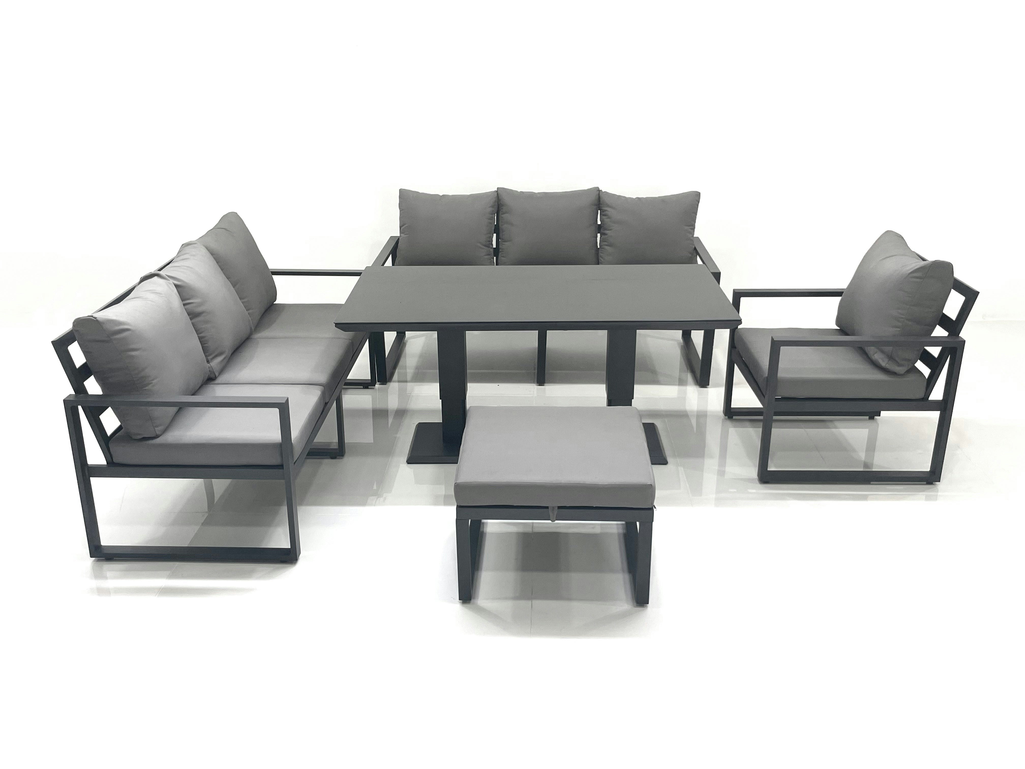 Fimous Dark/Grey Outdoor Garden Furniture Set Aluminium Lounge Sofa Adjustable Rising Lifting Dining Table Sets With Big Footstool