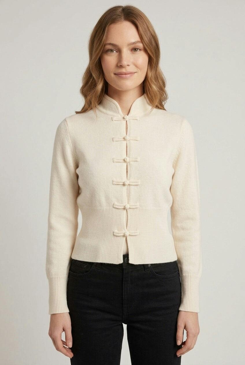 Izabel London Cream Mandarin Button Front High Neck Cardigan - 14