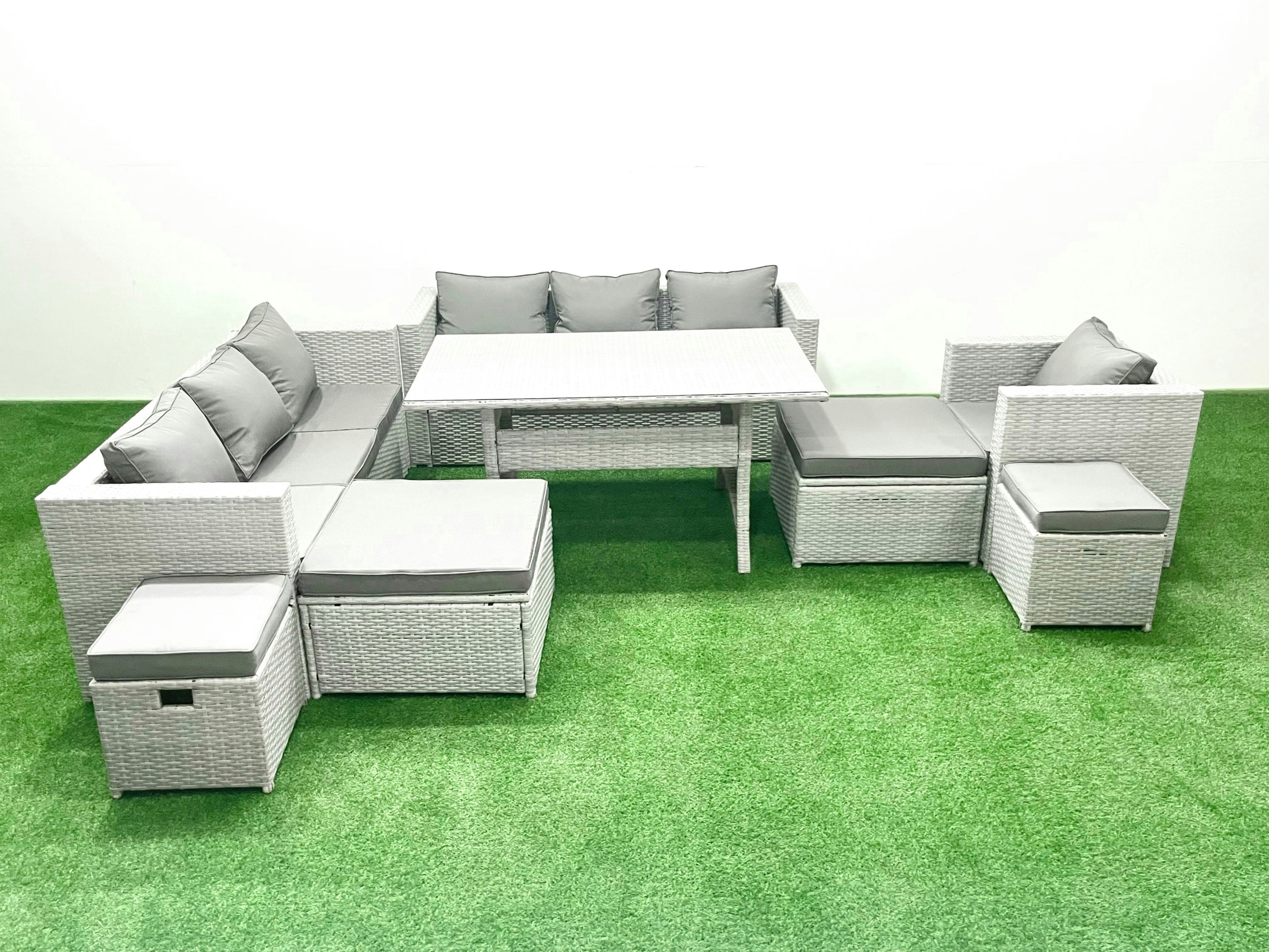 Fimous Light/Grey Rattan Garden Furniture Dining Set 11 Seater Lounge Sofa Chair Dining Table Set With 4 Footstools Mixed