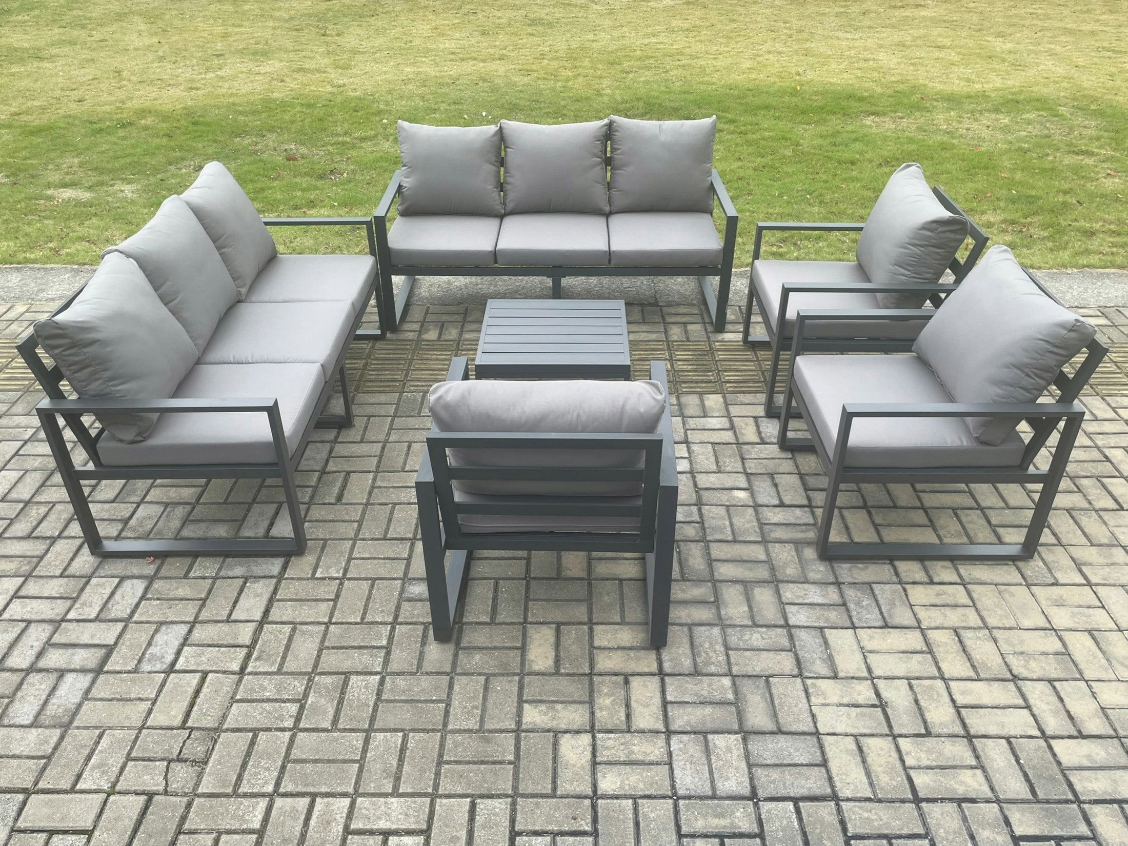 Fimous Dark/Grey Aluminium Outdoor Garden Furniture Set Patio Lounge Sofa With Square Coffee Table 3 Armchairs