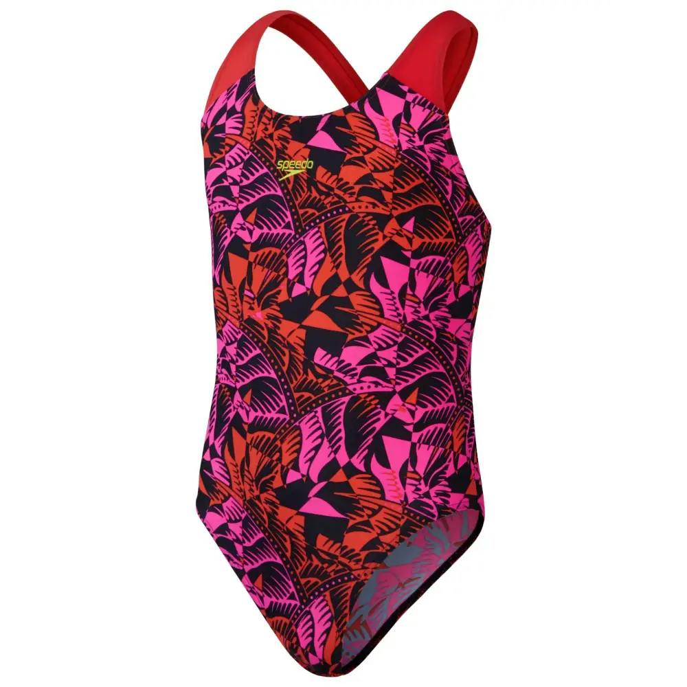 Speedo Girls Black/Pink Placement Allover Splashback Swimsuit - Age 15-16