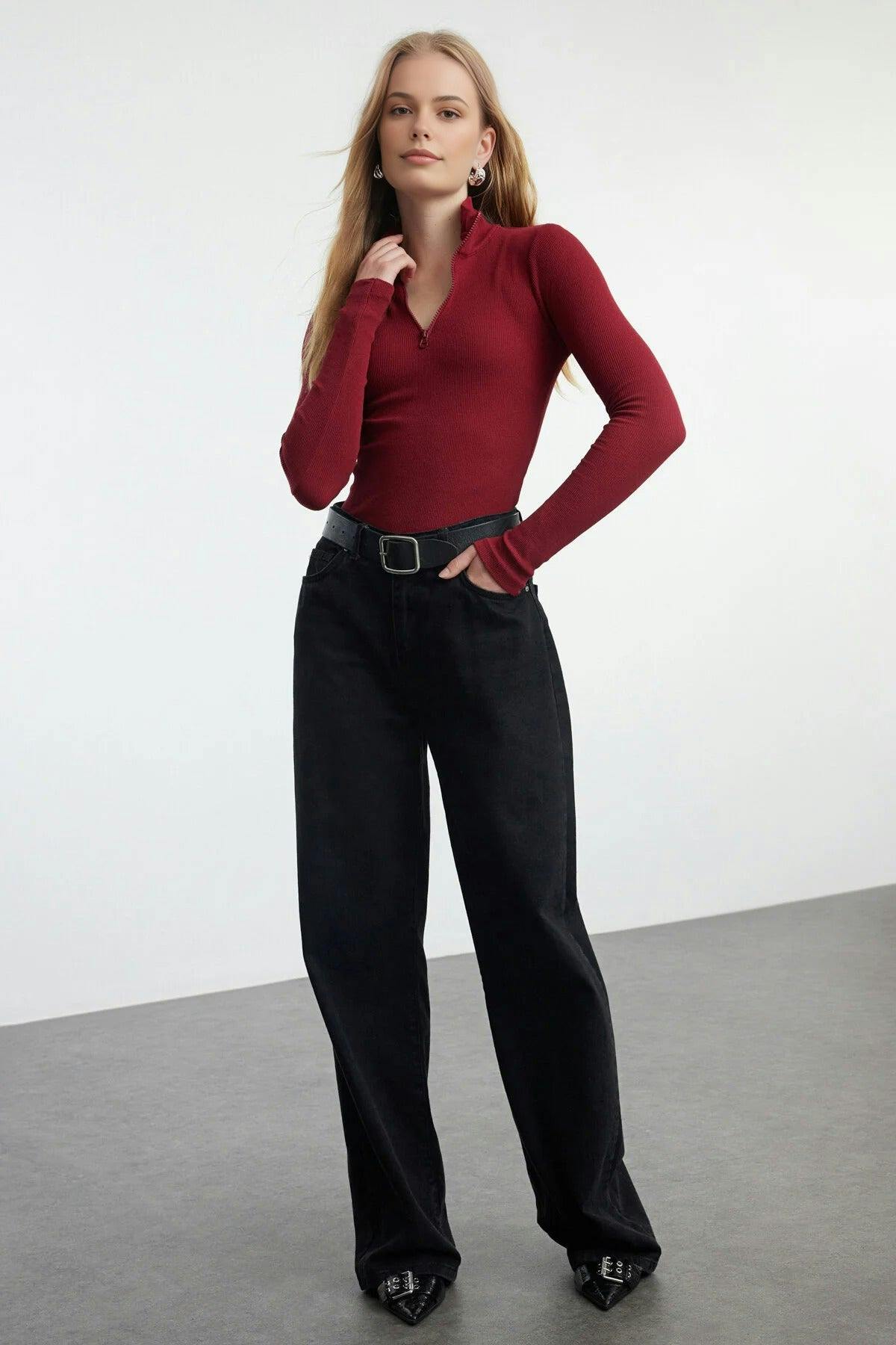 Wovcor Burgundy Fitted Zippered Collar Knit Blouse - Xl