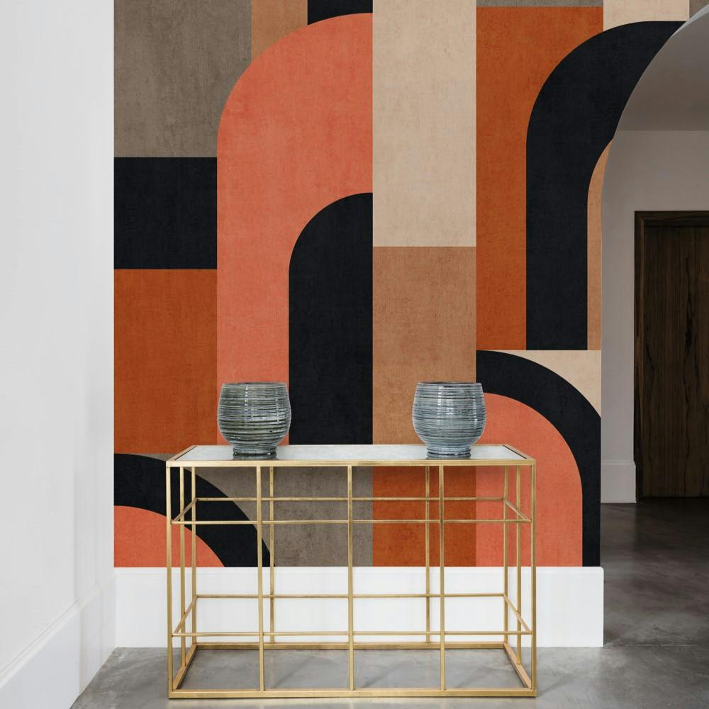 Grandeco Orange Geo Modernist Shapes 3 Lane Repeatable Wallpaper Mural 1.59 X 2.8M,