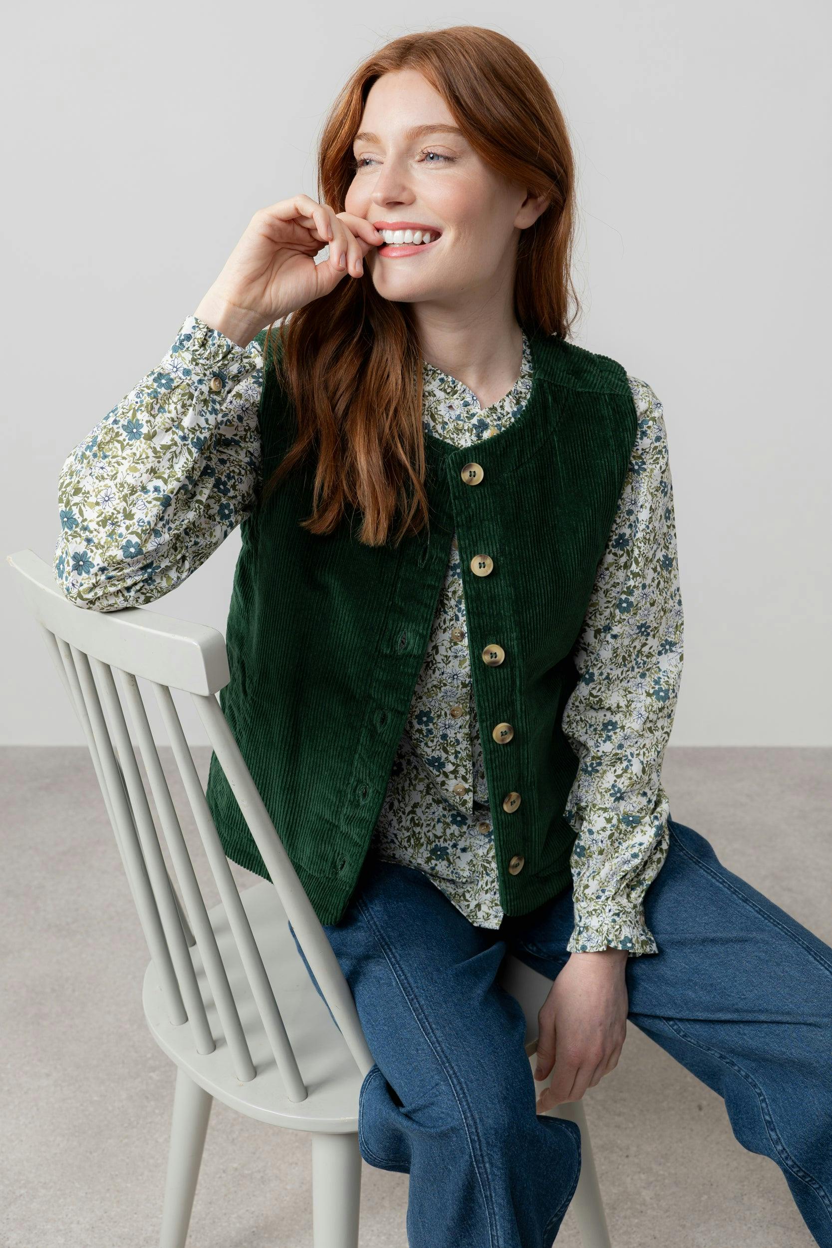Lily & Me Green Dusk Stretch Cotton Jumbo Cord Gilet Pine - 10 - Pine