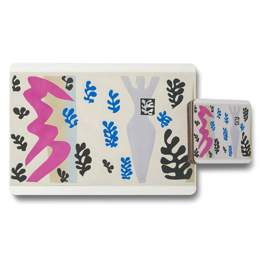 Benjamin Tate Design Pink/Blue/Lavender Abstract Placemat And Coaster Set With Colorful Botanical Motifs