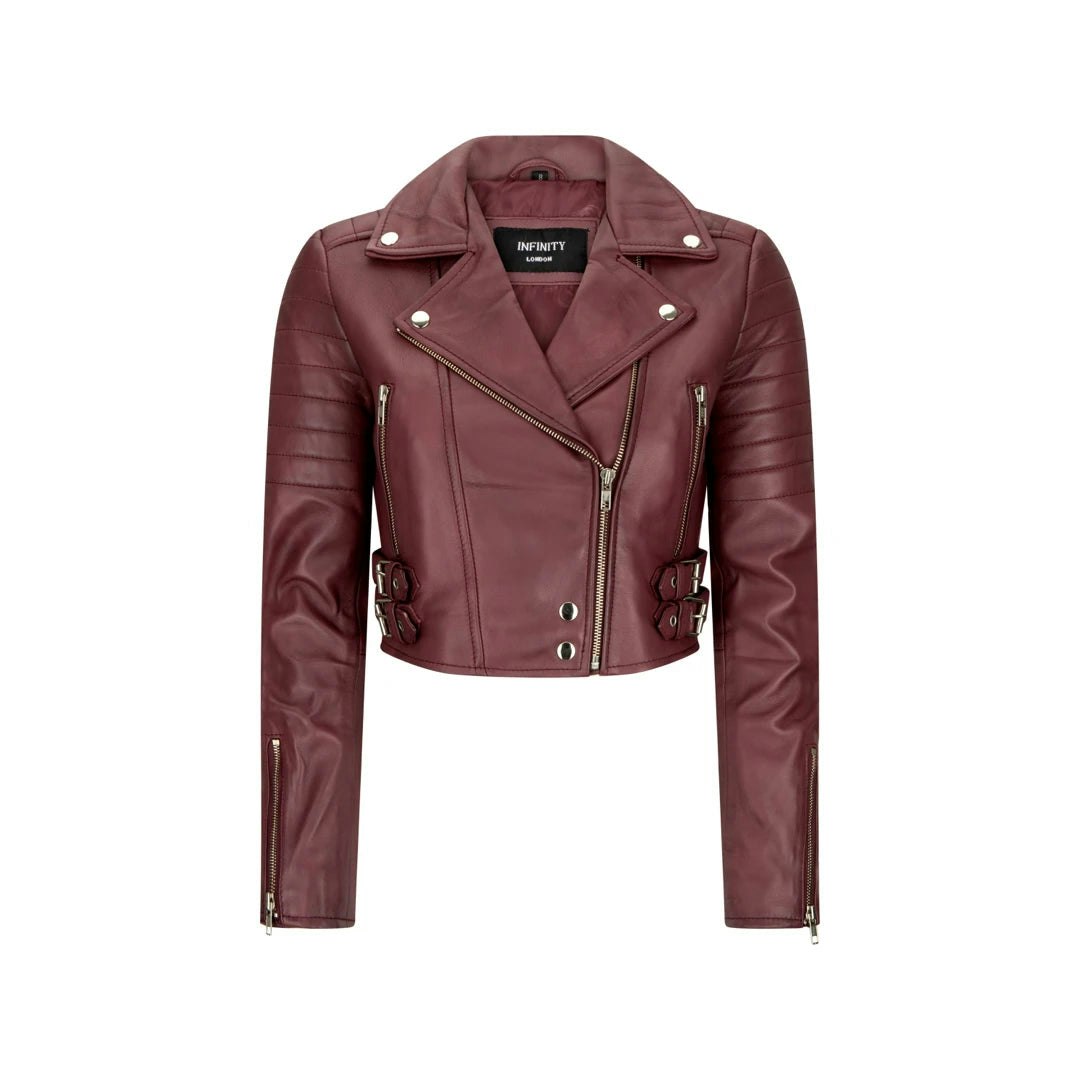 Infinity Leather Women's Burgundy Leather Company Short Leather Jacket Cross Zip Biker Brando Soft Classic - Uk 22