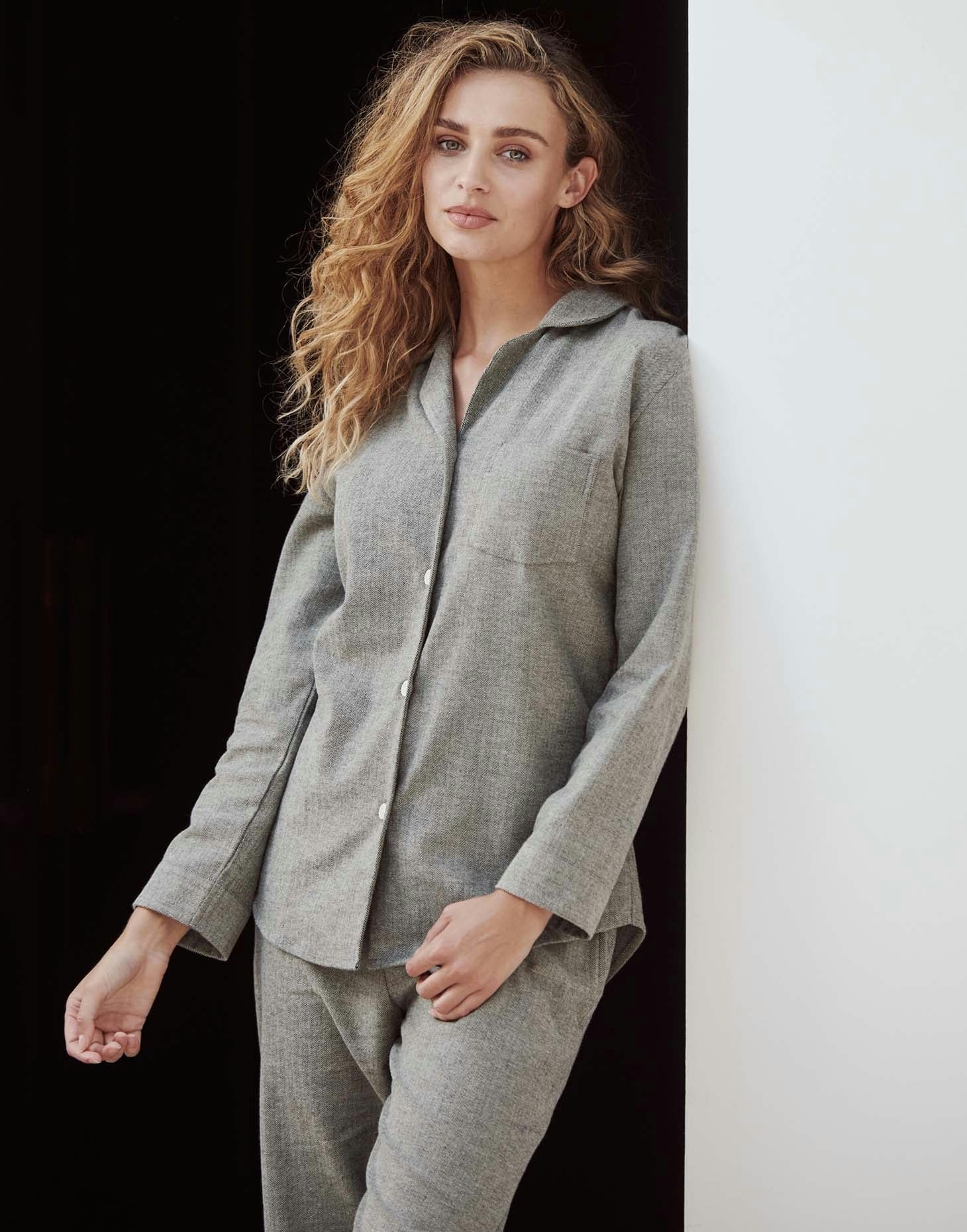 British Boxers Women's Brushed Cotton Pyjama Set – Whitby Jet Herringbone - Medium