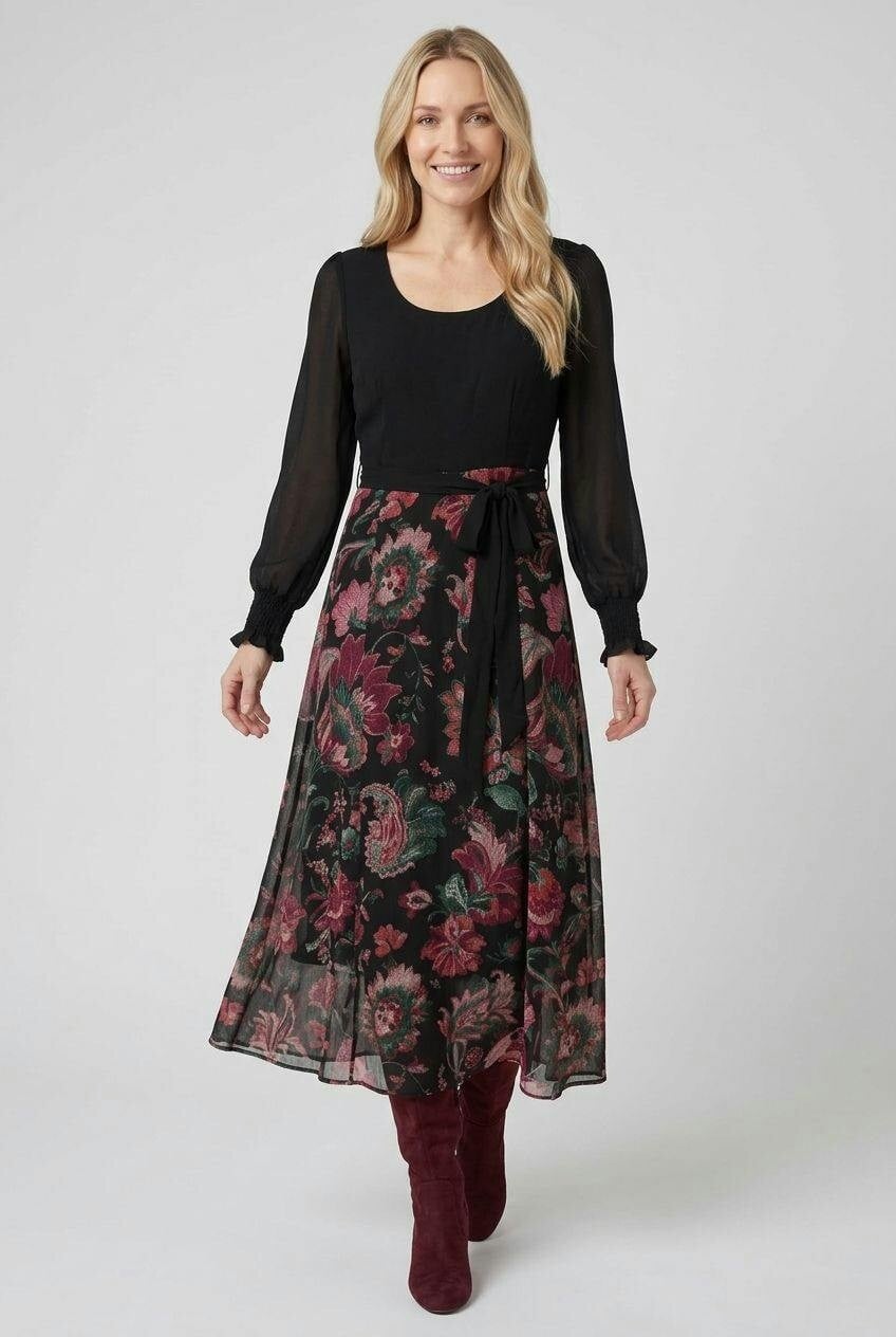 Izabel London Black Printed Semi Sheer Tie Waist Midi Dress - 18